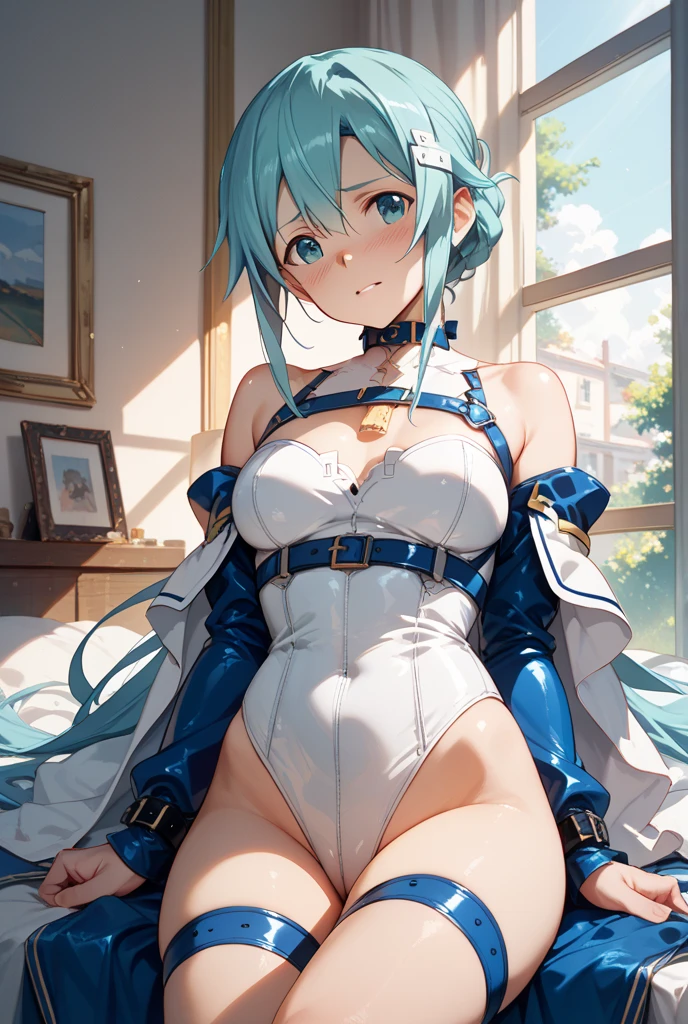 NSFW,masterpiece,Highest quality,High resolution,Super detailed,Sinon\(Sword Art Online\),armor,breastplate,Bare shoulders,Hand guard,leotard,skirt,gem, hair ornaments, Hair Clip,Embarrassed,Watery eye,smile,blush,Fantasy,inn,indoor,Leg spread