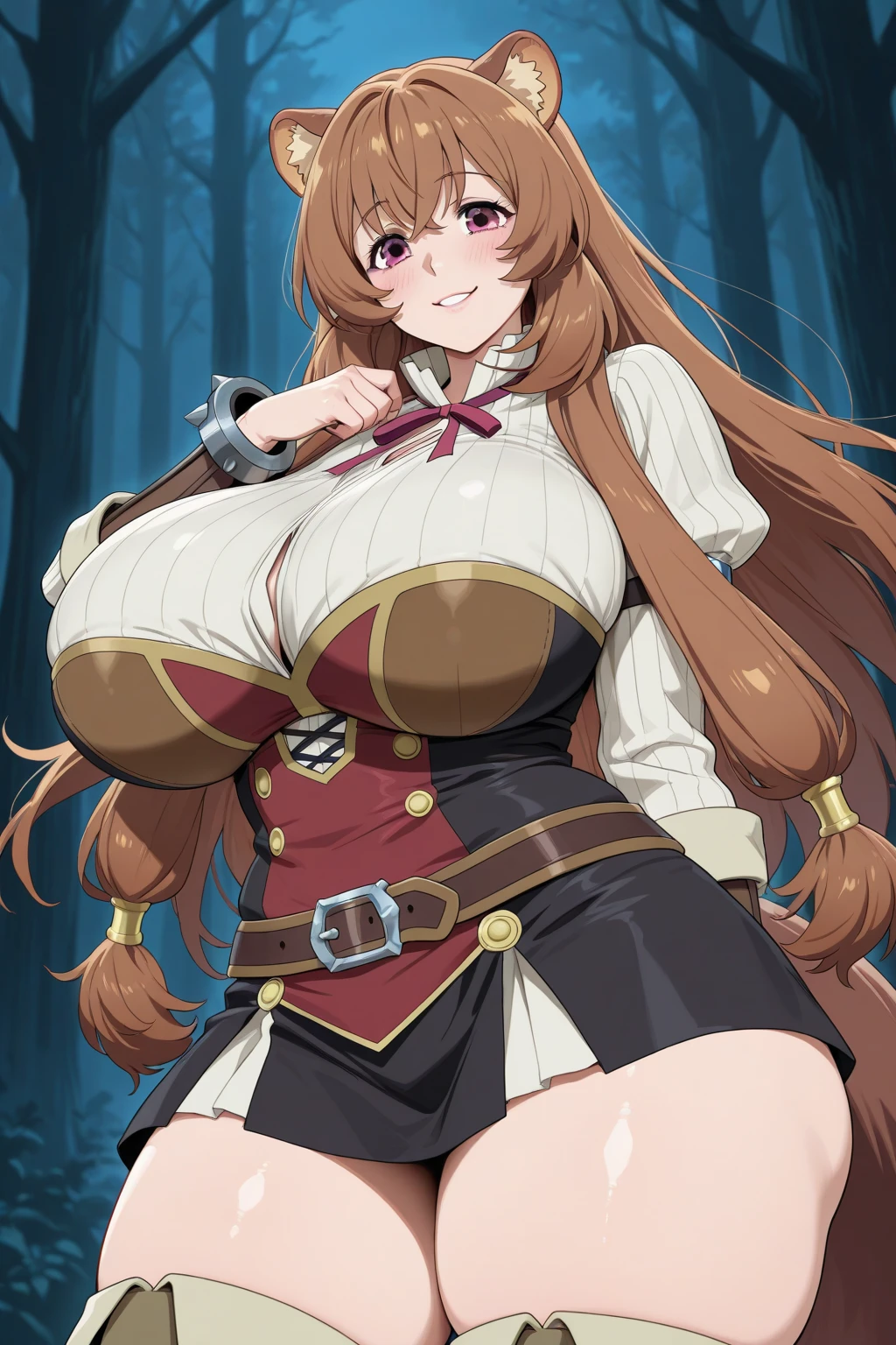 Jessica, with her big breasts, beautiful legs, shoulder-length twin tails and mature face, is standing in a black high-cut bunny suit and fishnet stockings.。A bandit is standing next to Jessica.。in the forest。