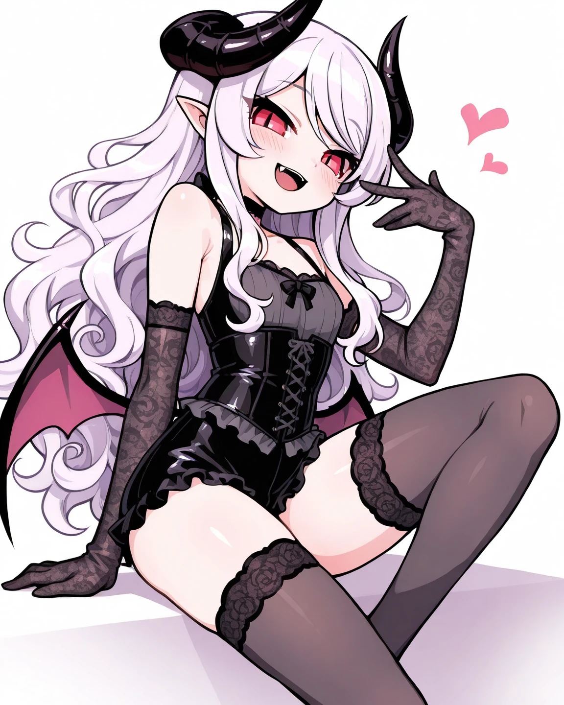 tachi-e, game cg, Highly detailed and realistic CG, Colorful, Masterpiece, Best Quality, jewel-like eyes, 1girl, solo, black hair, shiny hair, long straight hair, very long twintails, slender, skinny legs, succubus girl,succubus luxury dress, mini skirt, succubus boots, aqua blue eyes, large breasts, under boobs, black elbow gloves, latex, smirk, smile, jig eyes, jitome, half-closed eyes, tsurime, background, from pov, best quality eyes, sharp teeth, tsundere, standing, contrapposto, hand on hip, (shiny skin:1.0), succubus wings, succubus tail, mesugaki, teasing, smug, cute girl, petite, open mouth, fangs, tongue out, pointy ears, pink heart tattoo, (Sharp Focus:1.2), Thin arms, Thin legs, outline, Evil Female Executive Succubus, ruler tattoo