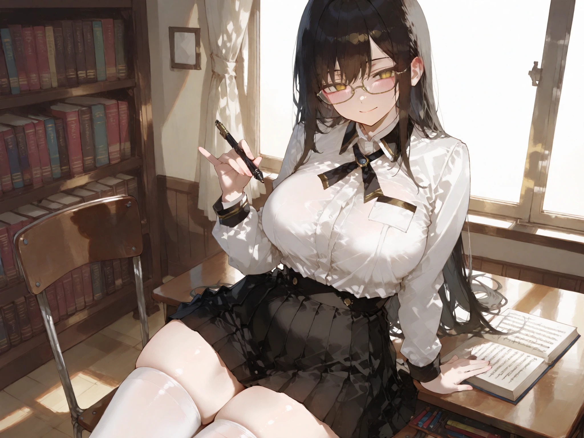 a female professor ,Very plump figure,Wearing black suspender stockings,White shirt and black hip skirt, Resting on the table in the library wearing clear half-rimmed glasses,oriental face,Sling stockings,The abdomen is graceful,thin waist and long legs,