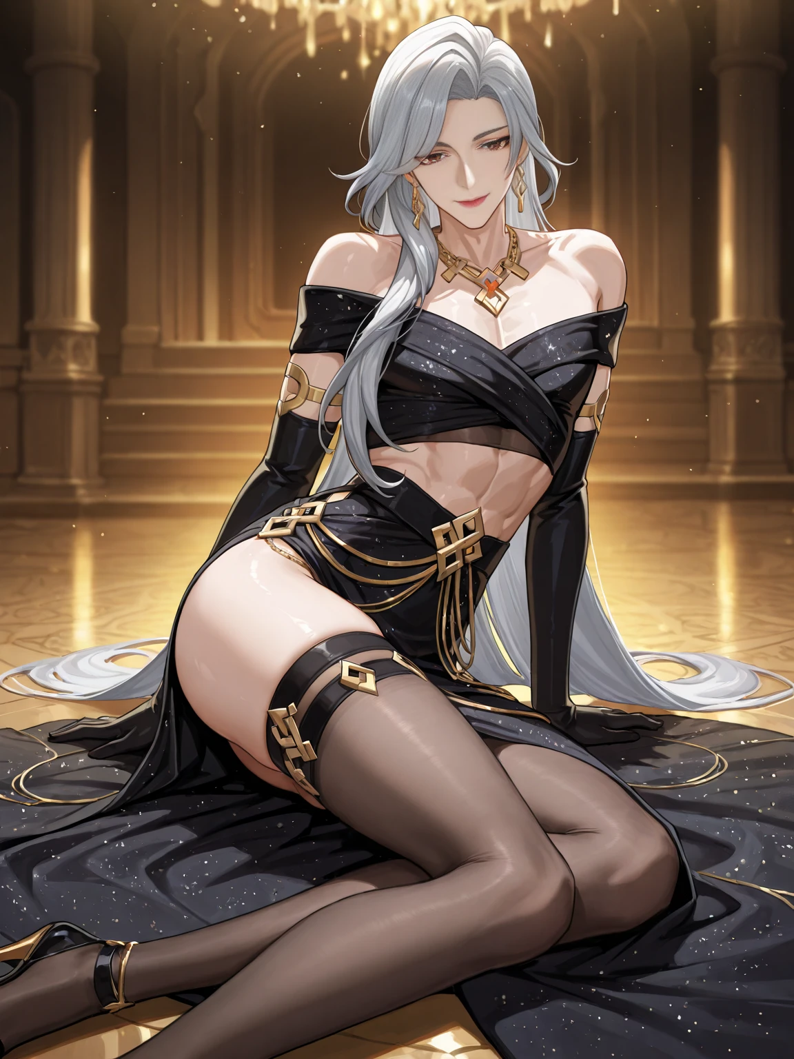 Appearance Gender: Female Age: Mature Race: Drow (elf with dark skin and white hair) Height: Full-body Skin: Gray Background: Plain Gray Eyes: Purple Attire: Bikini, revealing abdominal muscles Accessories: Large earrings, ragged rags, chain necklace, leather collar choker neck bell 🔔