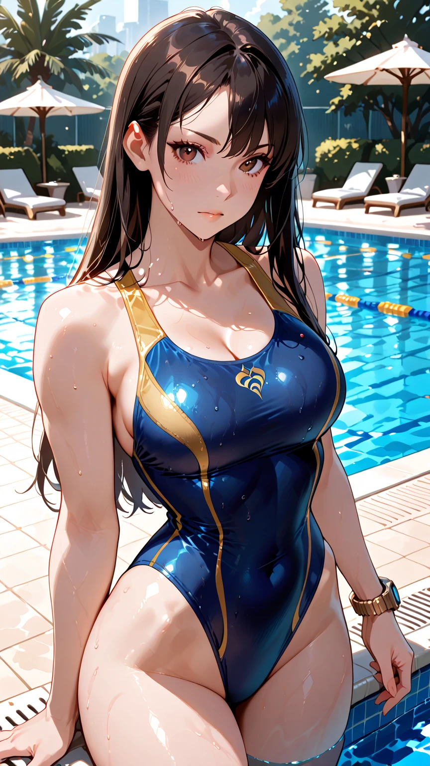 masterpiece,best quality,(high resolution:1.5),8k,perfect face,perfect body,full body,,1woman,(realistic:1.3),pale skin,(fighter:1.3),(dark brown long straight hair:1.2),ahoge,seductive smile,(large breasts:1.3),(large ass:1.3),(small pink nipples:1.3),(Purple School Swimsuit:1.8),(clothed:1.8),(clothed:1.8),,(erect nipples:1.3),(cameltoe:1.1),(sweat:1.3),(hidden in one eye:1.3),(This Subaru:1.3),(pool:1.3)(,wet:1.3),(In the pool up to the chest:1.5),(see through:1.3)