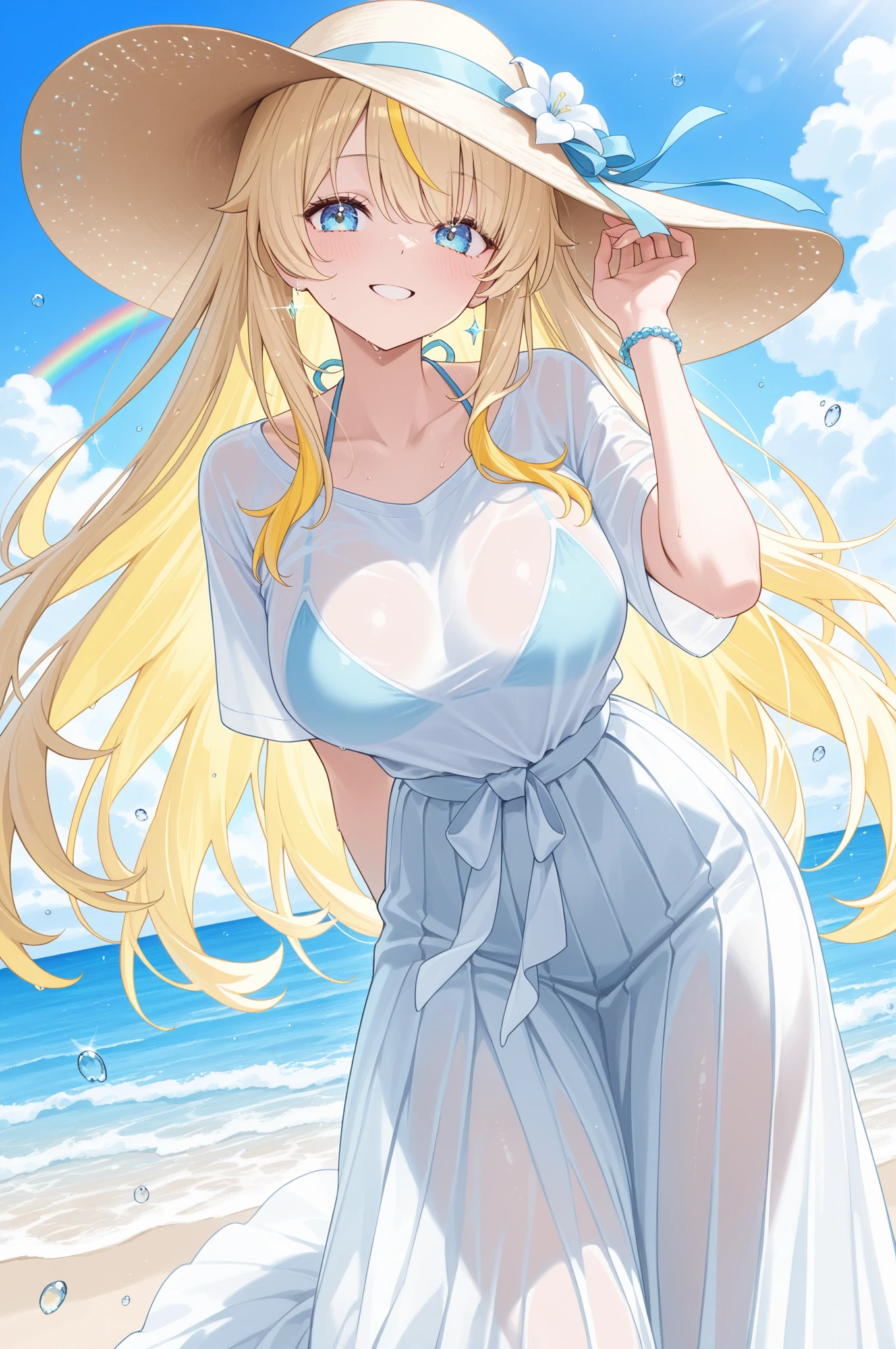 1 girl, wry smile, young girl, pretty face, Multiple long drill hair, Large amount of hair, curly hair in vertical rolls, shiny blonde Long hair, Beautiful blue eyes, huge breasts, She has a large chest but a thin body, white skin, Summer Sea, Seaside, bathing beach, Girl playing with waves on the beach, Dynamic girl, White tank top, white shorts