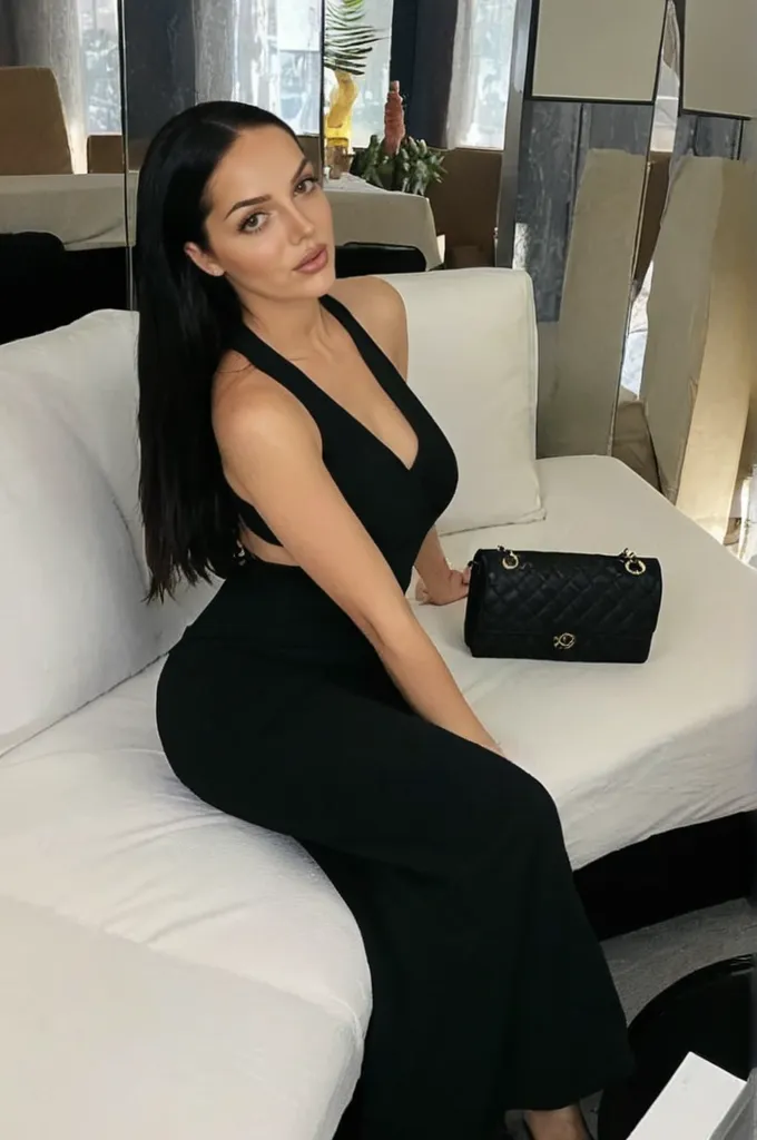 beautiful 50 year old turkish woman, slim, large breasts, wide hips, film grain, jewelry, tattoos, black dress, elegant, looking at viewer, wavy grey hair, perfect makeup, masterpiece