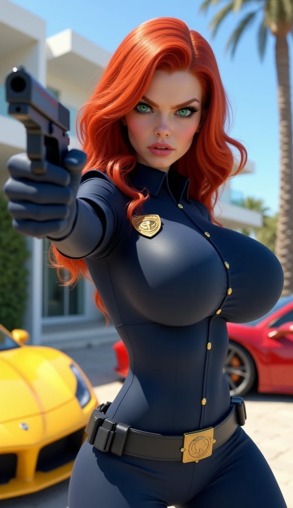 Sunset shimmer as a sexy highway patrol officer, naked, reflective sunglasses, cleavage, spread legs, sultry pose, patrol car