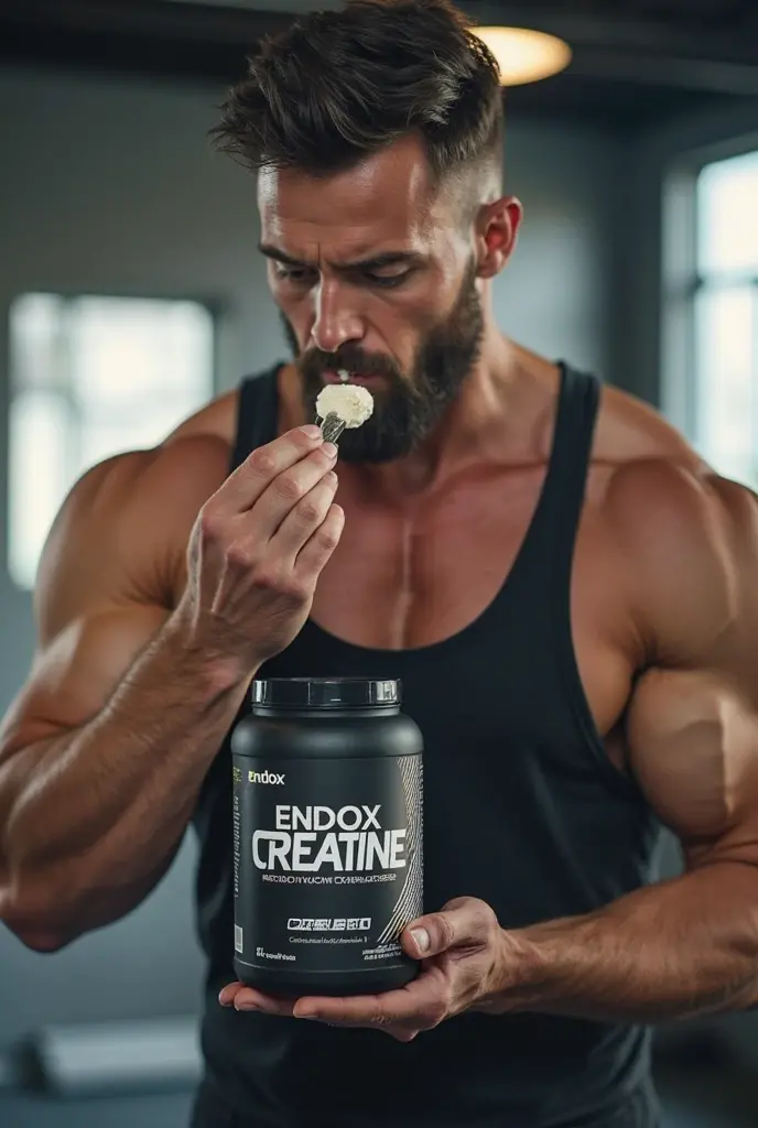 small creatine jar on top of gym equipment with berries behind the jar, with a man exercising in the gym with a blurred background
