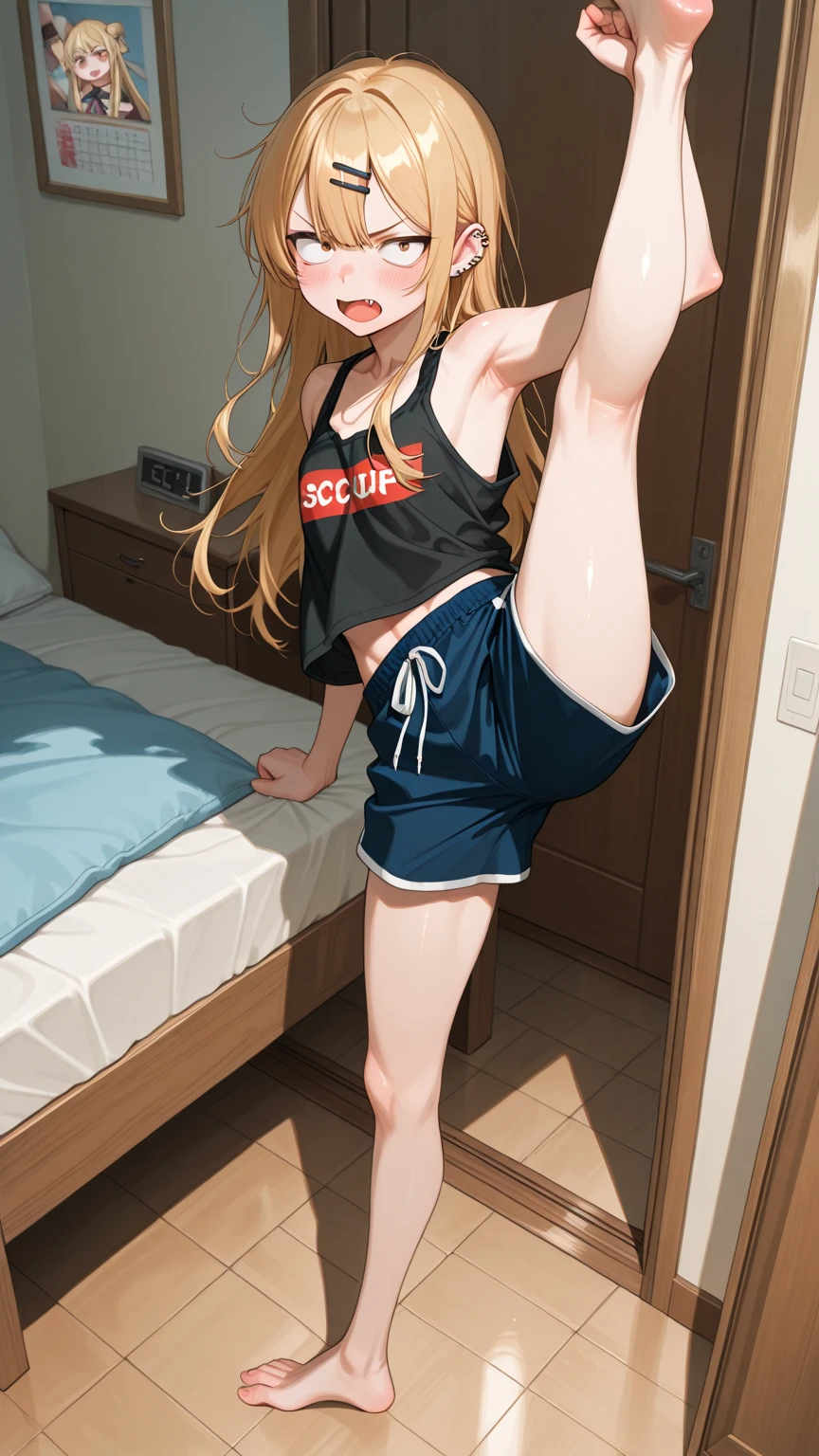 A sleeping girl on a cloud, lying down, full body, 1trainerleaf1, sleeveless shirt, black wristbands, visible thighs,thick thighs,red skirt,blue shirt, loose socks, white footwear, beautiful detailed eyes, beautiful detailed lips, extremely detailed face, long eyelashes, soft glowing skin, touching her hair, (best quality,4k,8k,highres,masterpiece:1.2),ultra-detailed,(realistic,photorealistic,photo-realistic:1.37),digital art, detailed illustration, dramatic lighting, warm glowing colors, cinematic lighting, dreamlike atmosphere