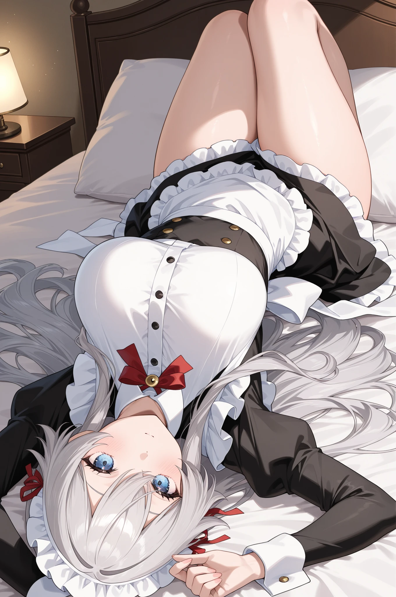 (8k, 最high quality)、超High resolution、Adorable、最high quality, beautiful, Absurd beauty,(最high quality,4K,8k,High resolution,masterpiece:1.2),Super detailed,Vibrant colors,Soft Shadows,Beautiful brushwork,Attention to detail,perfect render,rich skin tone,Expressive eyes,Captivating Expressions,Golden shades,(missionary, 1boy, penis, lying, vaginale, ass pov, sex, nsfw)、Has long, curly, light grey hair, Violet eyes, A headband decorated with pearls and violet camellias, White shirt, Floral dark blue hemline、 (cryin) ,Cute Characters, Most detailed, high quality、nose blush、steam、Awards, Anatomically correct、((Scared))