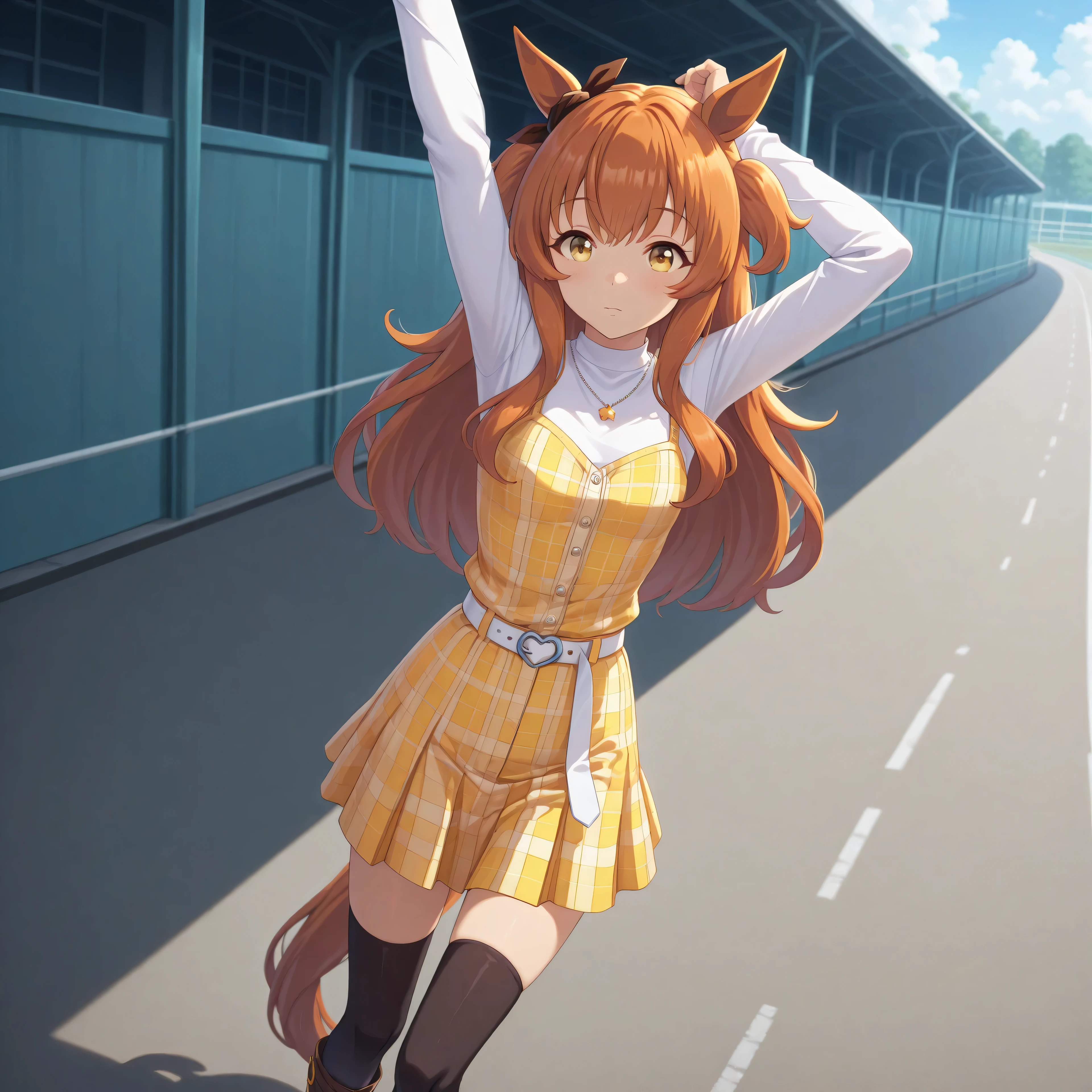 anime, lazypos, masterpiece, best quality, amazing quality, at racetrack, 1girl, solo, alone, mayano topgun \(umamusume\), horse ears, horse tail, long sleeves, two side up, ear ribbon, arms up, white long t-shirt, plaid yellow camisole, white belt, black thighhighs, brown boots, plaid yellow skirt, necklace,