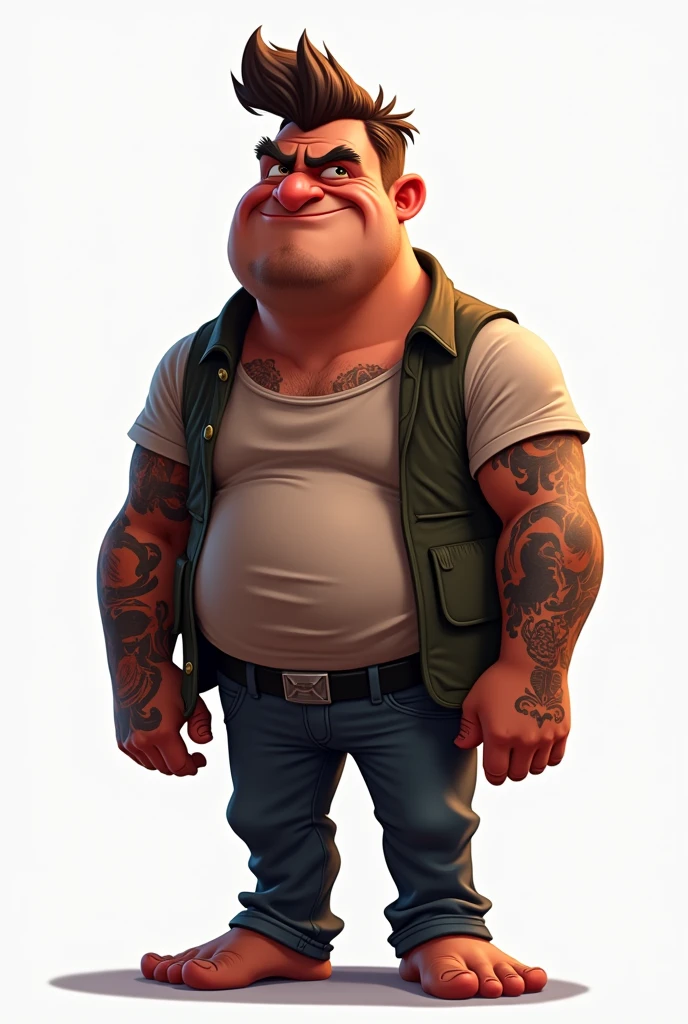Bald pot-bellied man with glasses and goatee with tattooed arms on a motorbike