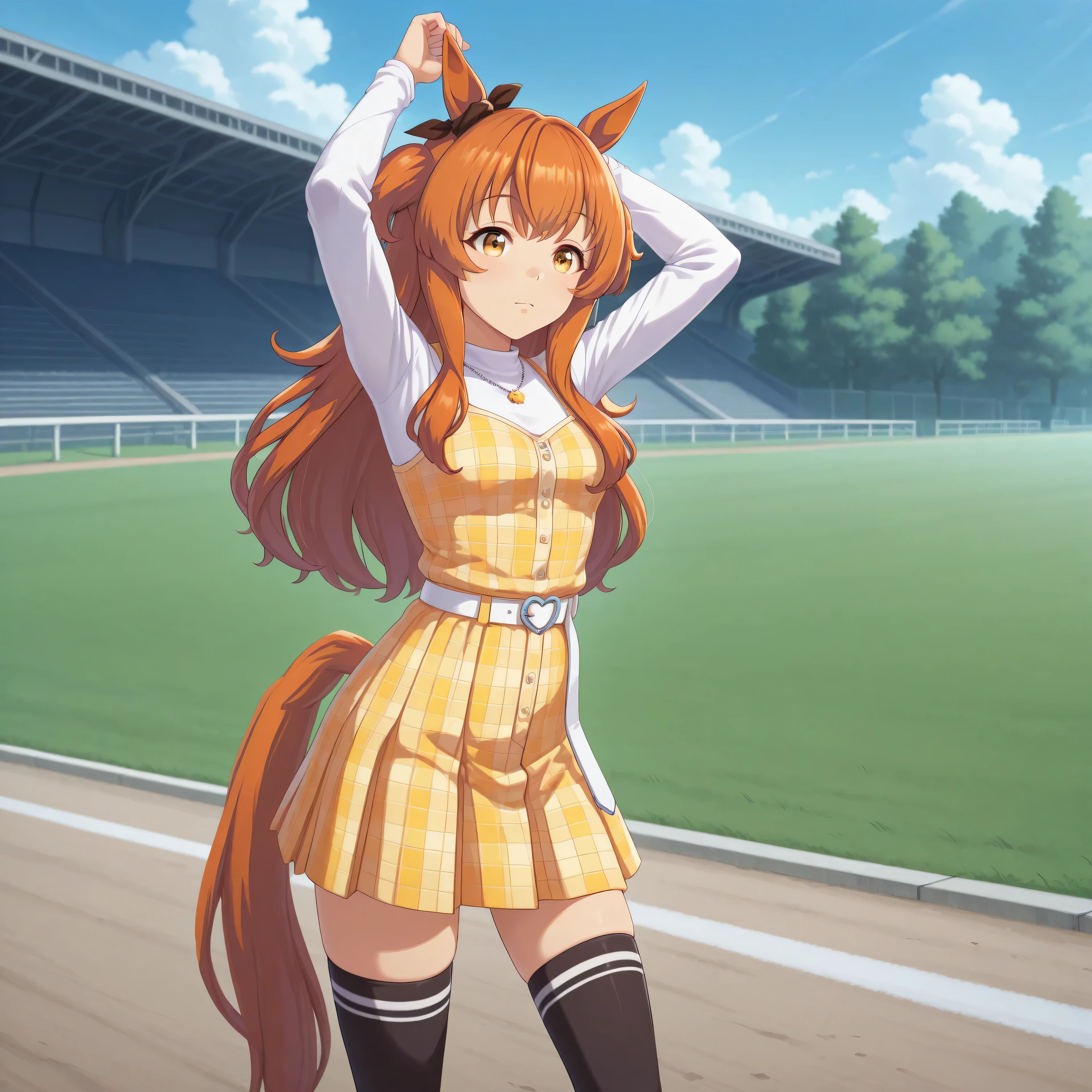 anime, lazypos, masterpiece, best quality, amazing quality, at racetrack, 1girl, solo, alone, mayano topgun \(umamusume\), horse ears, horse tail, long sleeves, two side up, ear ribbon, arms up, white long t-shirt, plaid yellow camisole, white belt, black thighhighs, brown boots, plaid yellow skirt, necklace,