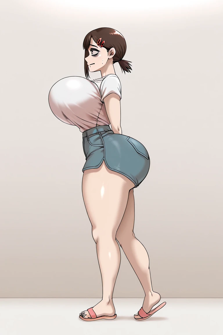 masterpiece, highest quality, High resolution, One girl, alone, sexual intercourse, Pornographic images, short hair, etsukoto, Brown eyes, fine grain, fine grain, (((Thick thighs, Plump thighs, Voluptuous thighs, Thighs alone are enough))), Huge and ample breasts, Cleavage, Huge long breasts, Naughty big,((Big breasts are important))、((Naughty thighs)), L Cup, (thin:1.4),(Tight waist:1.4), (yellow dress:1.4), ((white waist apron, white panty), Embarrassed look, blush, (((Simple Background))), ((Wide Hips)), Shiny, Oily skin, Mature mother, Calf, Seductive mature woman, Perfect body, Plus Size Model, curvy, ample, etsukoto, blush, clavicle, retro artstyle, 1990s (style), (thick thighs:1.4), (((bursting breast))), bare ass, butt out, ((panty pull, panty drop)), from behind, back view, (from side:0.8), (nsfw),