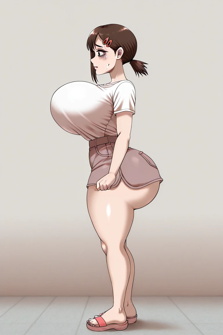 masterpiece, highest quality, High resolution, One girl, solo, sexual intercourse, Pornographic images, short hair, etsukoto, brown Eyes, fine grain, fine grain, (((Thick thighs, Plump thighs, Voluptuous thighs, Thighs alone are enough))), Huge and ample breasts, Cleavage, big long breasts, Naughty big,((big breasts are important))、((Naughty thighs)), L Cup, (thin:1.4),(Tight waist:1.4),  (white swimsuit:1.4), Embarrassed look, blush, (((Simple Background))), ((Wide Hips)), Shiny, Oily skin, Mature mother, Calf, Seductive mature woman, milf, Perfect body, Plus Size Model, curvy, ample, etsukoto, blush, clavicle, retro artstyle, 1990s (style), (thick thighs:1.4), ((undersized swimsuit)), (((ass focus, showing hip))), (from side:0.7)