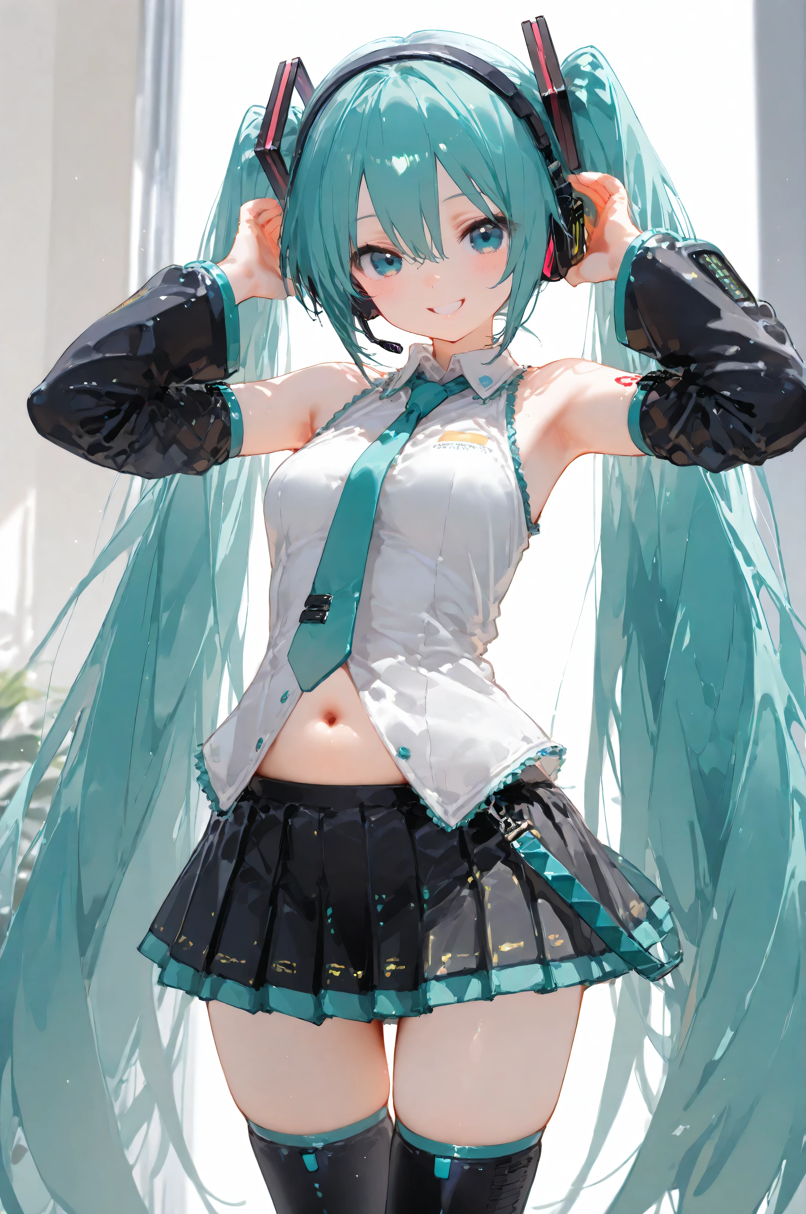 vocaloid , Hatsune Miku,Blue-green long twin tails, miniskirt, sleeveless, tie, headphones, black arm cover , black long boots, belly button out, cute, beautiful girl,smile、(((とても大きく素敵な乳房、ムチムチの太もも、大きなお尻)))、