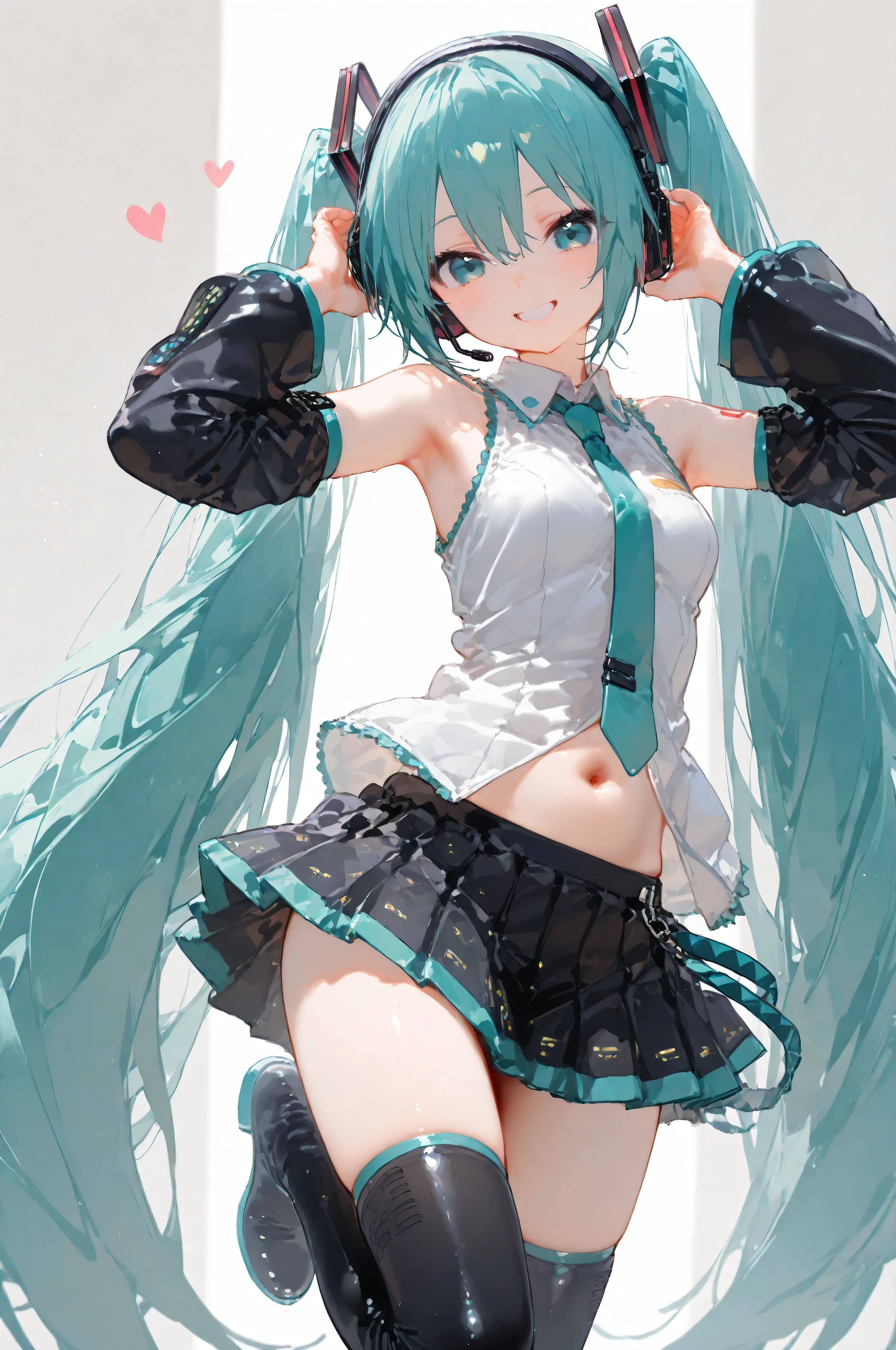 vocaloid , Hatsune Miku,Blue-green long twin tails, miniskirt, sleeveless, tie, headphones, black arm cover , black long boots, belly button out, cute, beautiful girl,smile、(((とても大きく素敵な乳房、ムチムチの太もも、大きなお尻)))、