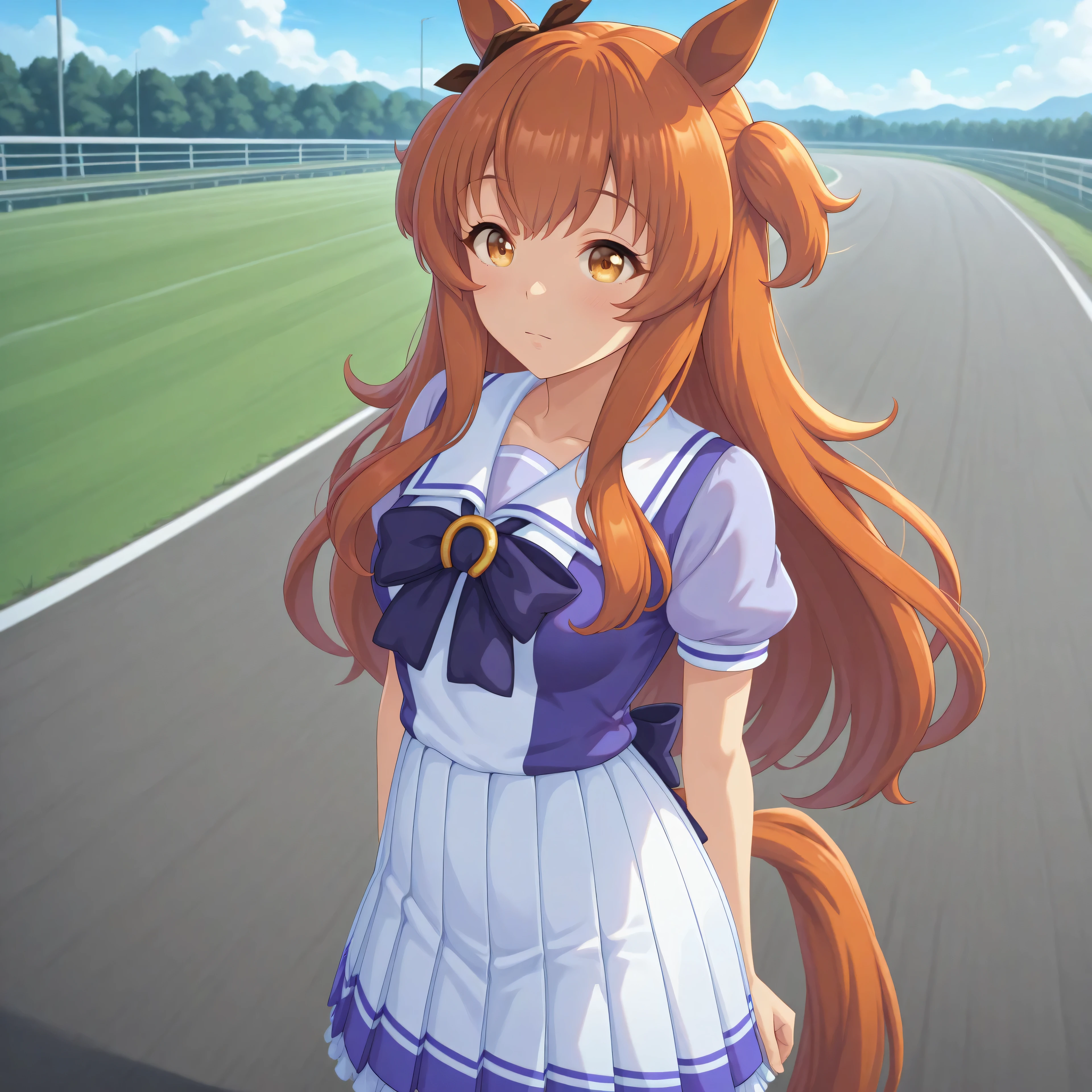 anime, lazypos, masterpiece, best quality, amazing quality, at racetrack, 1girl, solo, alone, mayano topgun \(umamusume\), horse ears, horse tail, Tracen school uniform short,