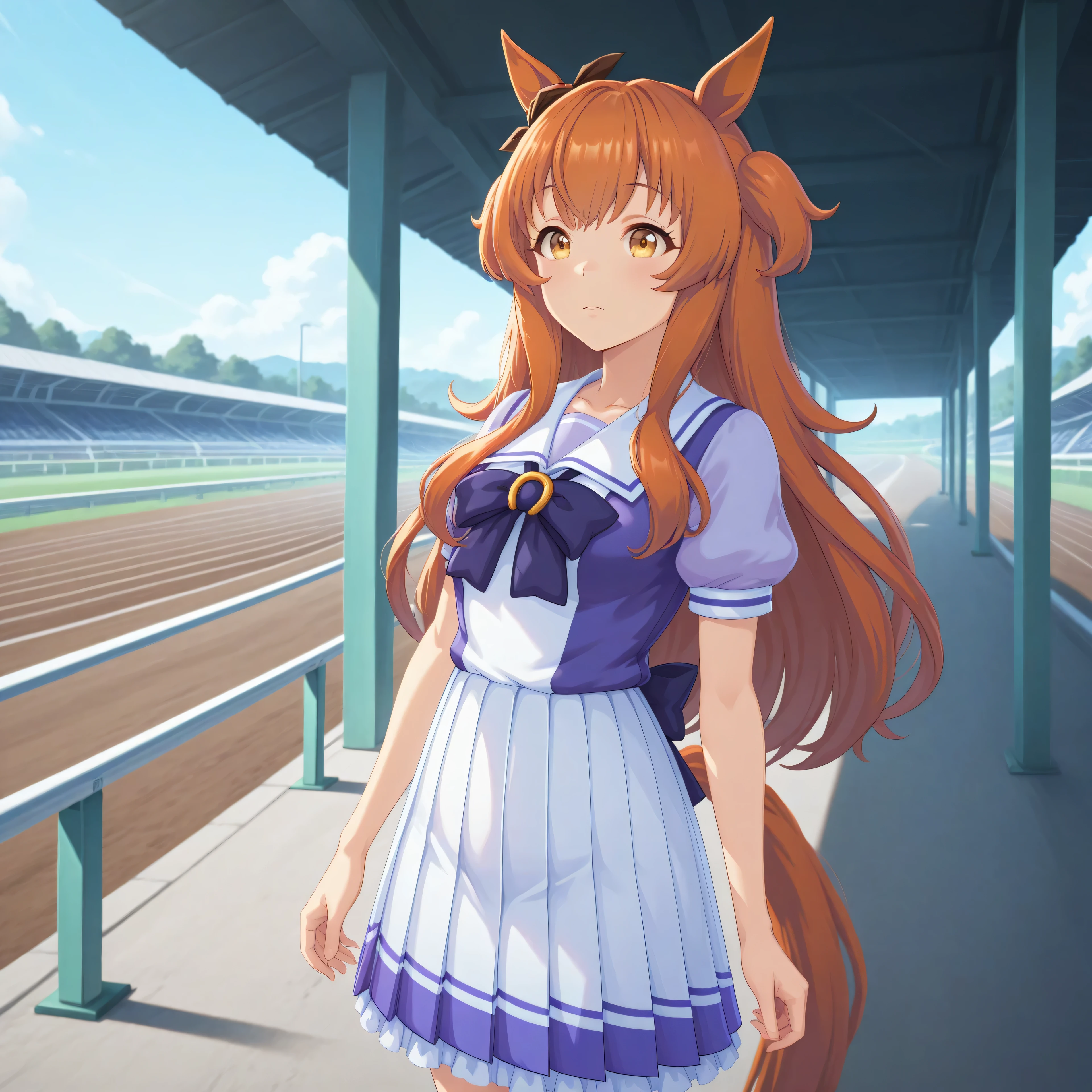 anime, lazypos, masterpiece, best quality, amazing quality, at racetrack, 1girl, solo, alone, mayano topgun \(umamusume\), horse ears, horse tail, Tracen school uniform short,