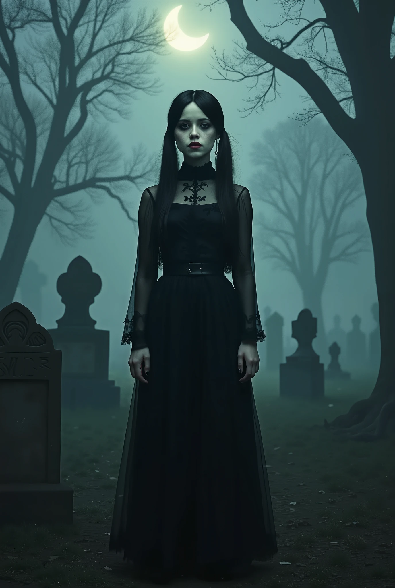 Wednesday Addams, nighttime, foggy, cemetery background, high detail, masterpiece.