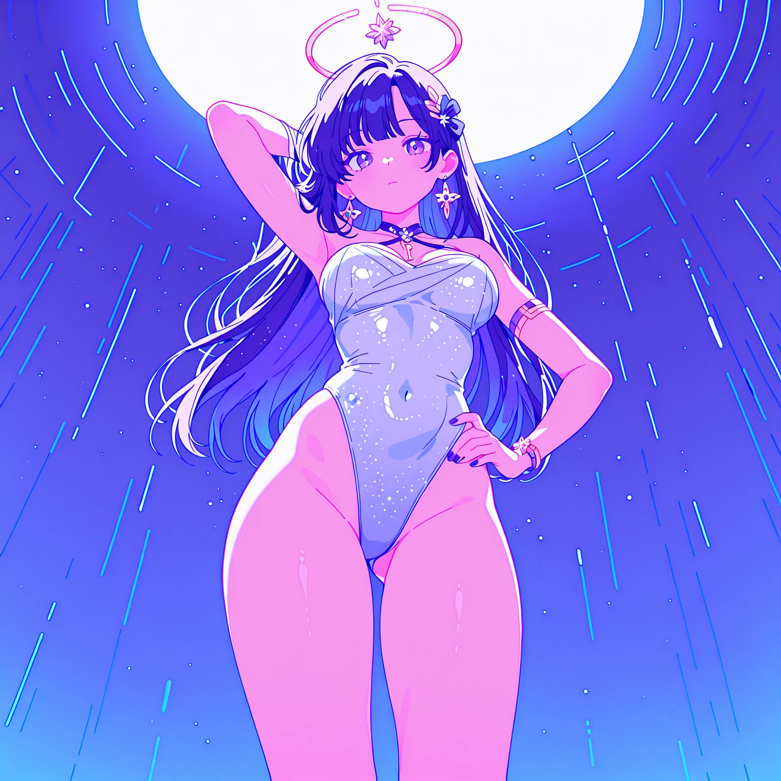 (1 girl), (solo), ((amanogawaki)), best quality, highres, high quality, 8k, HD, super detail, anatomically correct, UHD, accurate, (masterpiece:1.0), (high quality:1.0), (ultra detailed), (Planets on a Galaxy background), Looking Back, Looking At viewer, Serious Face, detailed eyes, (Black Leotard), (Black thigh Highs), (perfect hands), (Thick Hips), (Thick Thighs), buttcheeks, Purple eyes, (detailed eyes)