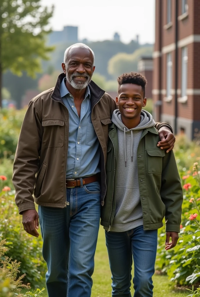 portrait american father and son standing, looking straight into camera, glad happy, strong look expression, intricate details, clear textured surface material vivid color vivid bight light dslr perfect composition, volumetric light cinematic --auto