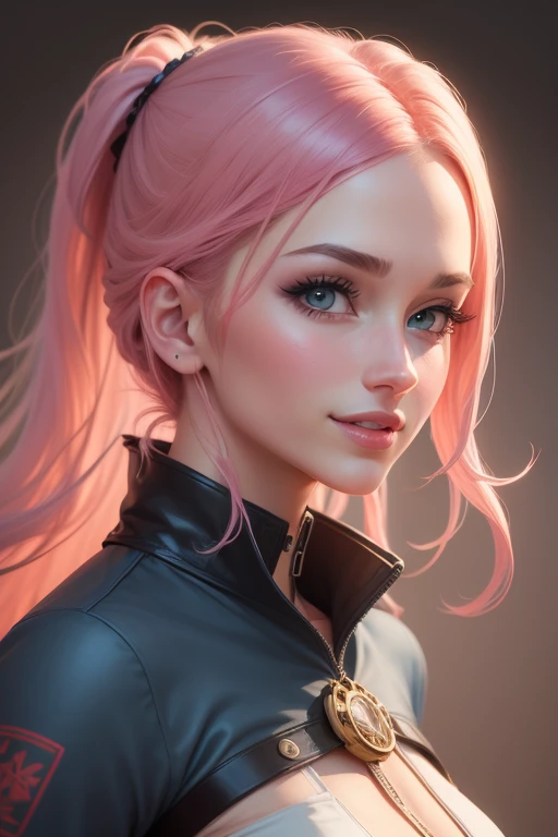 young woman, long pink hair, wide forehead, porcelain skin, pink eyebrows, big emerald green eyes, buttoned nose, thick lips, heart-shaped face, slender body, small breasts, pink leather dress, Sakura Haruno, realistic, realism black details 3d