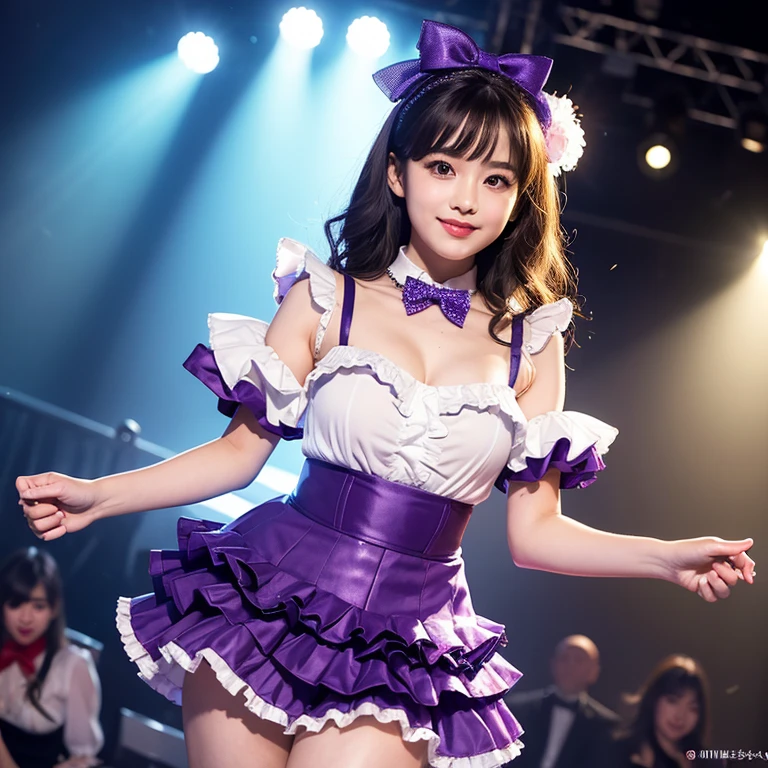 (realistic:1.3), finely detailed, quality, rembrandt lighting, (masterpiece:1.2), (photorealistic:1.2), (best quality), (detailed skin:1.3), (intricate details), dramatic, ray tracing, 1girl, japanese girl, 21 years old, detailed skin texture, (blush:0.5), (goosebumps:0.5), subsurface scattering, smiling, medium breasts, twin tails hair, bangs, hair between eyes, hair ornaments, (idol dress:1.1) frilled dress, bow, ribbons, (on stage, stage lights, singing), <lora:idol_dress-1.0:0.8>