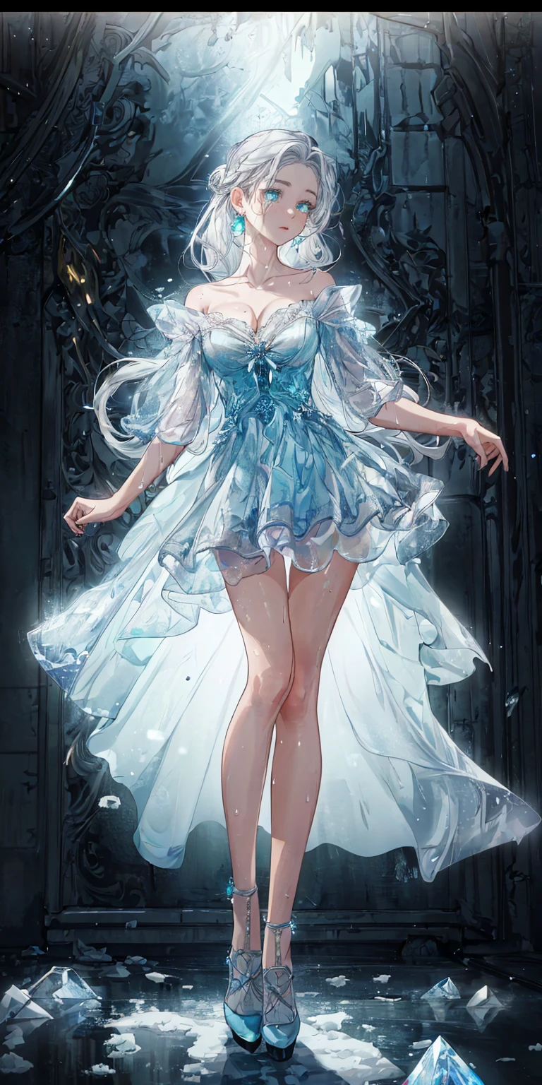 a woman in a dress made of water is standing in the water, wearing a dress made of water, dress made of water, photoshop water art, water art photoshop, water manipulation photoshop, emma watson as the queen of ice, female made of ice, water art manipulation, inspired by Richard Avedon, water fairy, annasophia robb as aphrodite