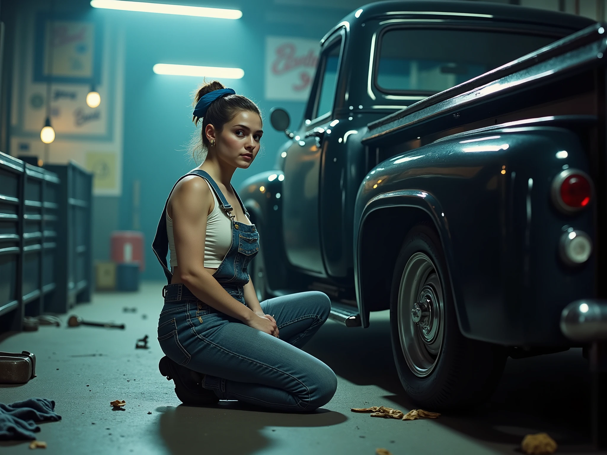 Ultra-realistic image of a young woman kneeling beside a restored 1960 Ford pickup truck inside a dim vintage garage, illuminated by cool, bluish overhead lights. The truck’s glossy black paint reflects the icy tones of the ambient lighting, giving the entire scene a moody, industrial feel. She wears faded denim overalls with one strap hanging loose, revealing a fitted white crop top. Her hair is pulled into a high ponytail, tied with a bold blue scarf that subtly complements the cold color palette. Scattered tools, a grease-stained rag, and metallic reflections on the concrete floor reinforce the sense of raw craftsmanship. The garage walls are filled with weathered signs and vintage posters, now bathed in pale cyan and steel-gray hues. Her focused face catches a soft, diffused sidelight, adding definition to her expression without breaking the subdued atmosphere. A light fog of humidity and motor oil lingers in the air, visible through the cold light, emphasizing texture and depth. Shot with Canon EOS R50, sharp focus on subject, HDR, cinematic composition, cool temperature color grading.