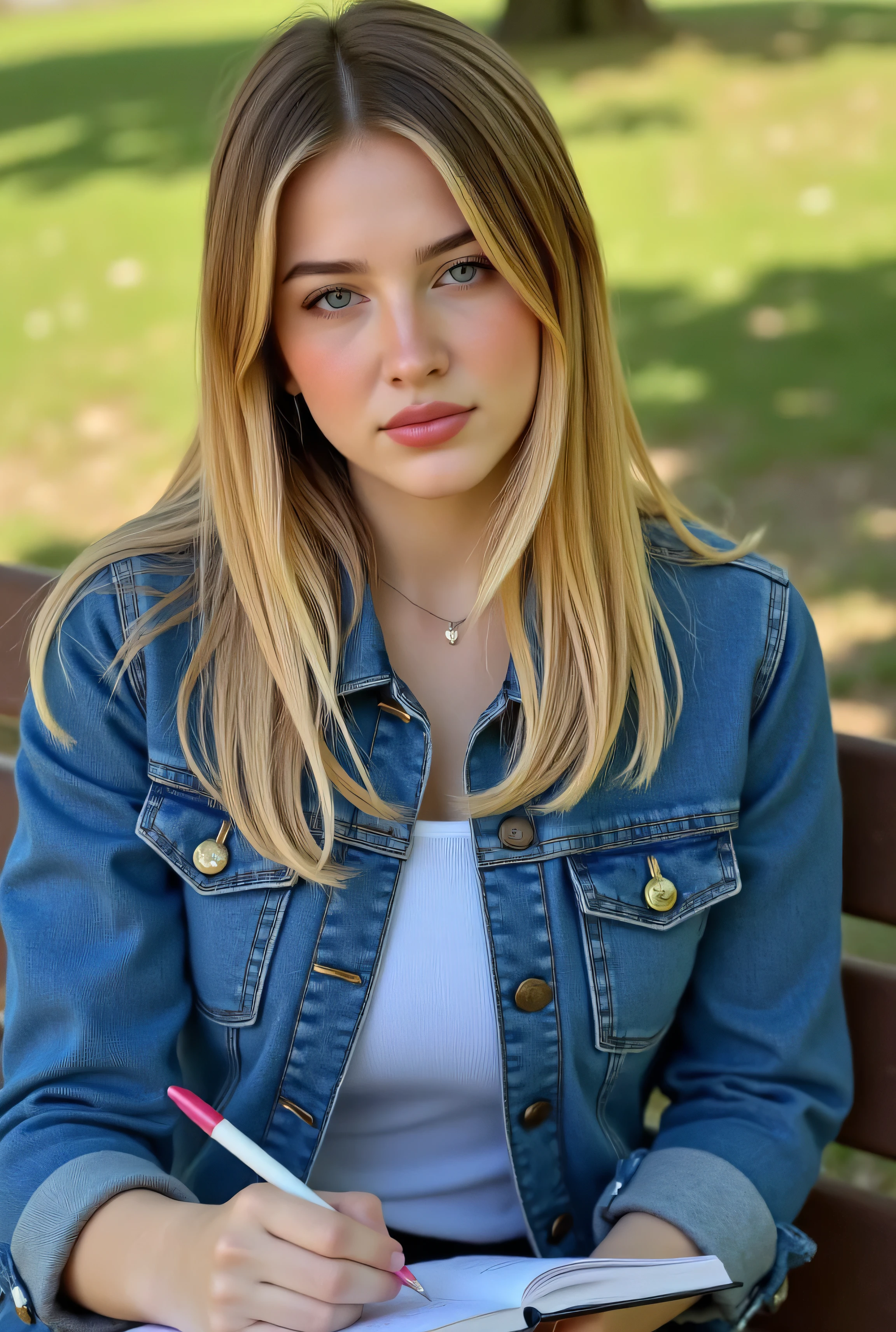 female, 22 years old, ((large plump lips)), (((blue eyes1,5))), ((large breasts)), blonde, ((Scandinavian appearance))Blonde girl writing in notebook on park bench, wearing denim jacket and sneakers, legs crossed ((city park)) 4K, shot on canon,85mm, Kodak vision color, parfaitement ajuste, extreme detail, la photographie_\(ultra\) photorealistic, realistic, Post-traitement, maximum detail, roughness, real life, ultra realistic, photorealistic, la photographie, 8K UHD, la photographie, tetas grandes((ultra detail clothes)) (CW-100)