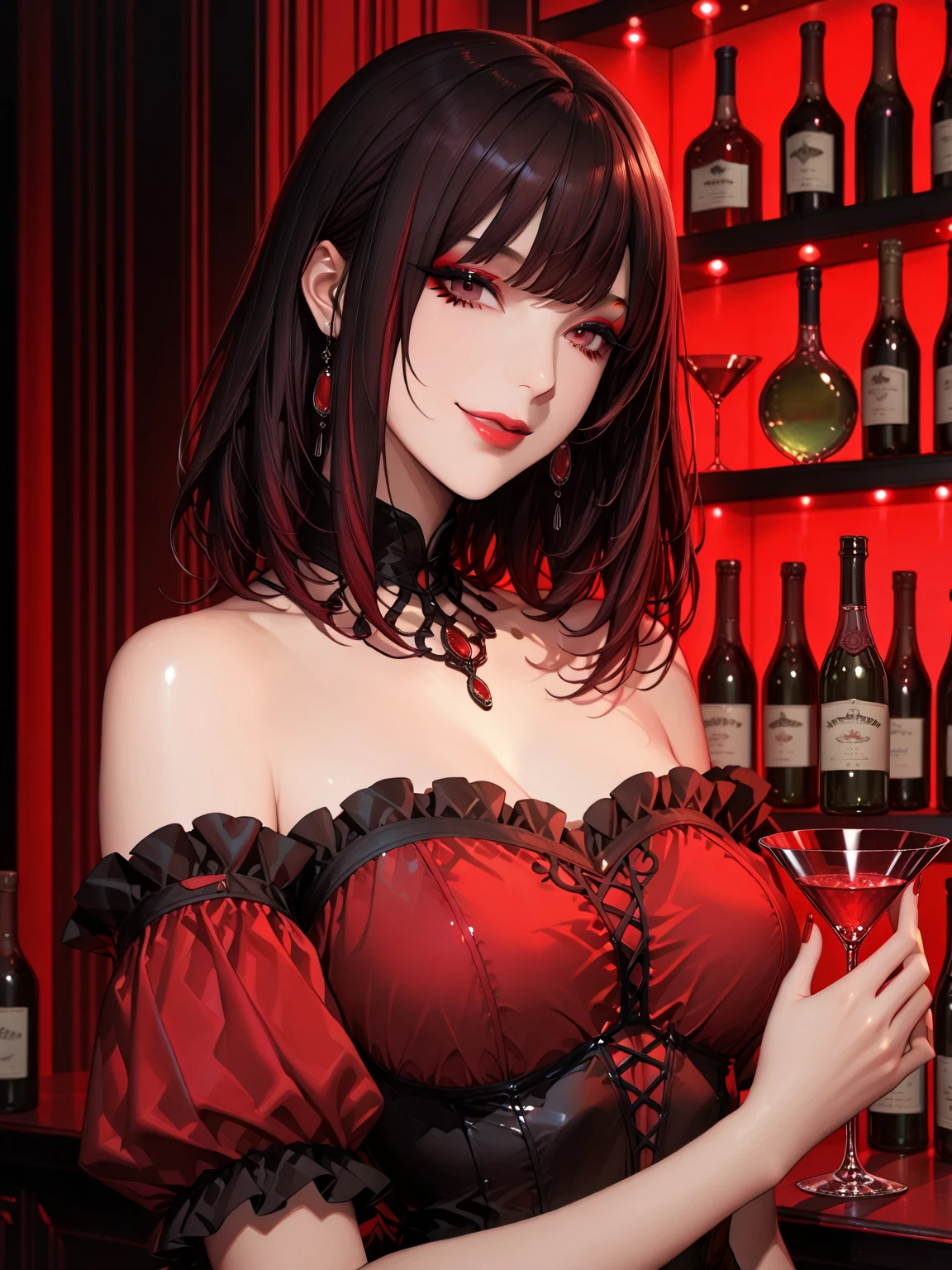 High resolution, high quality, High-resolution model, High detail, Very detailed, goddess, long hair, Grown-up face, A relaxed expression, Dark Eyes, Gradient eyes, Front bottom shot, Her hair is a black and red gradient, Circlet, Neon-like earrings, Black and red gothic dress, (Waist up shot:1.3), (Holding a wine glass:1.3), Neon-like light in the background, Lots of neon lights in the background, A shelf with wine bottles neatly lined up all over the background, Fantasy atmosphere