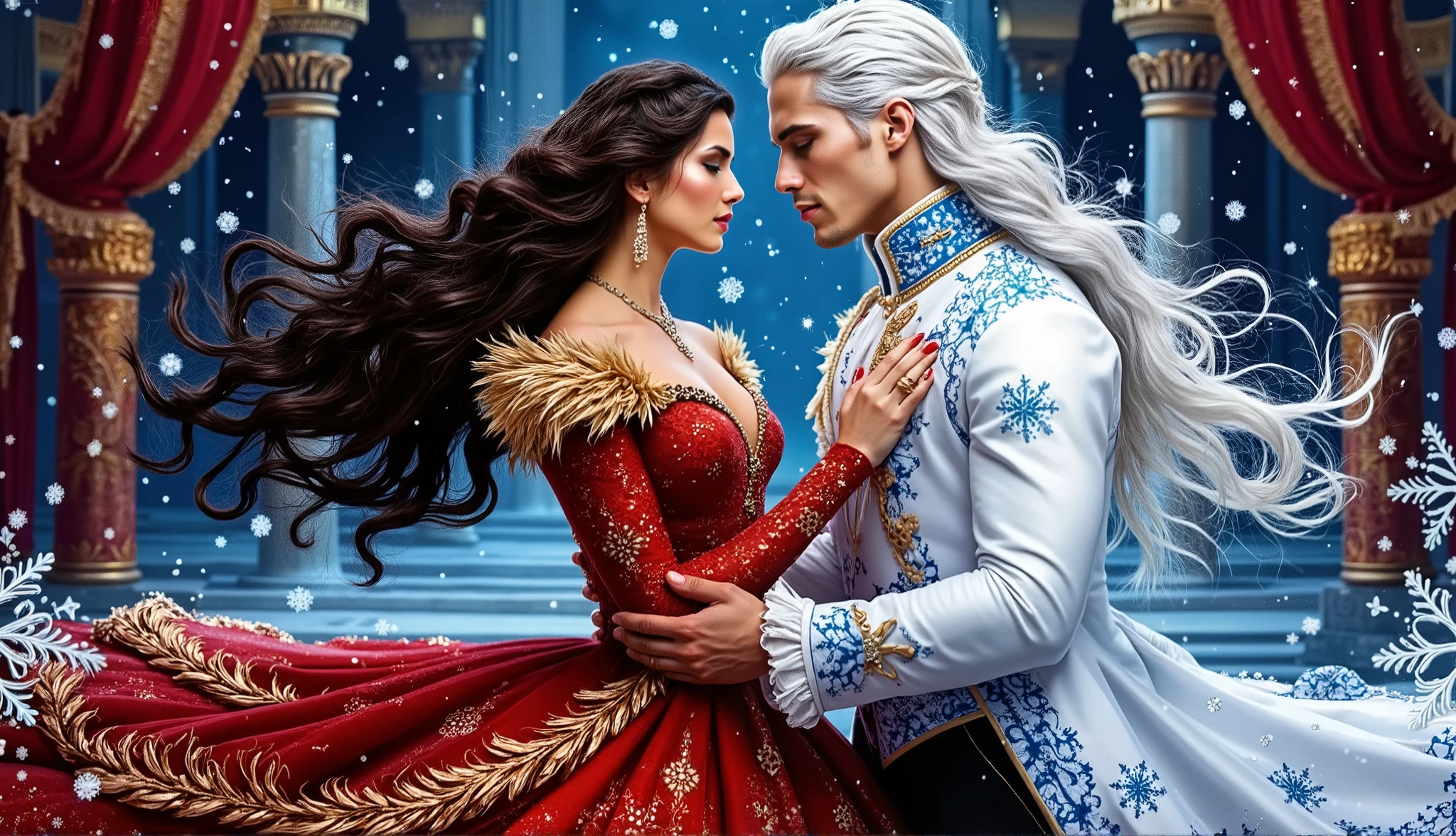 a woman with dark hair in a red ball gown with gold patterns and flashes of fire and an ice prince, muscular, high, tunic with long white hair, in a white coat with blue snowflake patterns, a woman with dark hair in a red ball gown with gold patterns and flashes of fire and an ice prince loving each other and kissing in fantasy behind the royal palace.