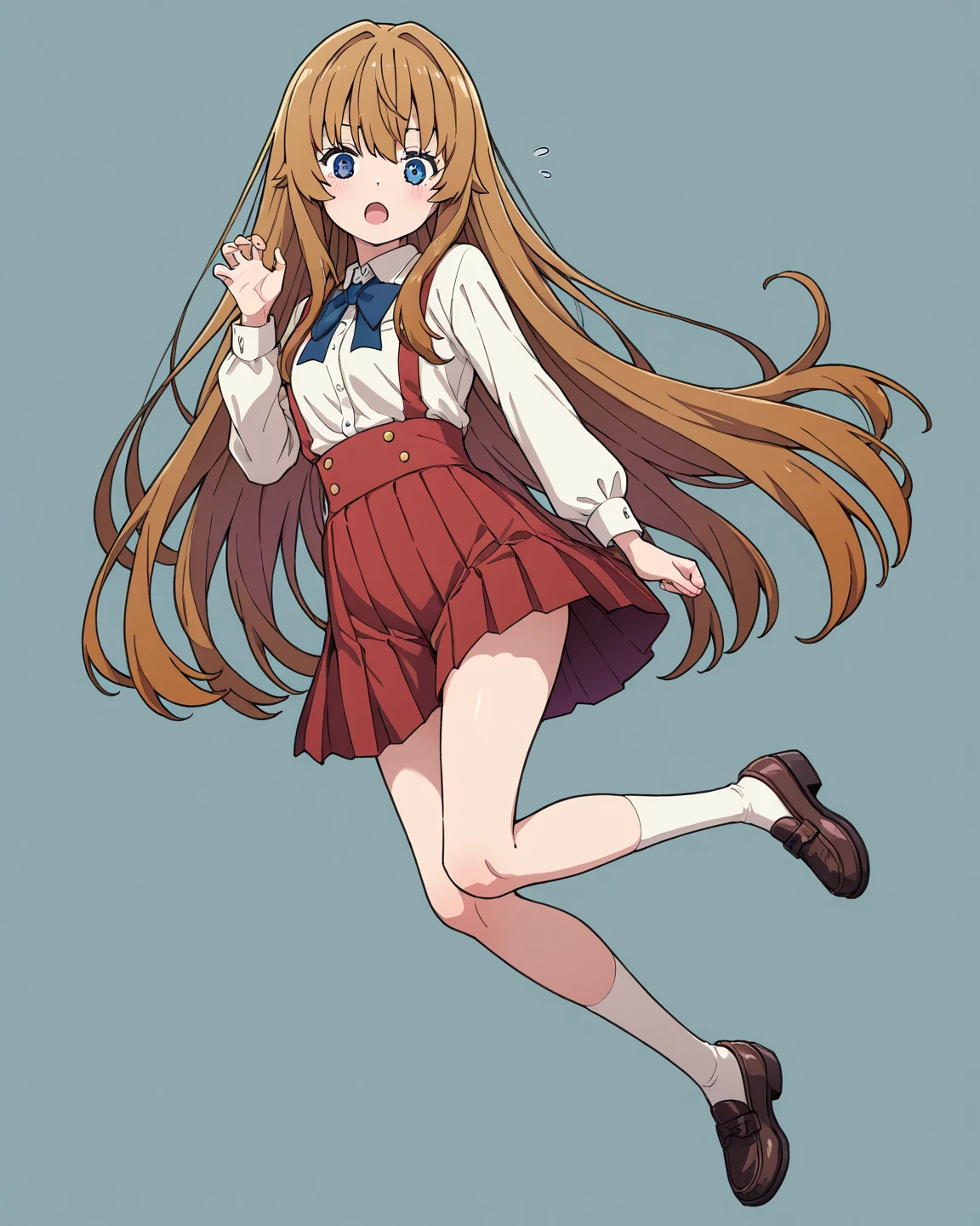 (masterpiece), best quality, expressive eyes, perfect face,  toradora!, aisaka_taiga, highres, 1girl, black_ribbon, blazer, blue_skirt, brown_eyes, brown_hair, collared_shirt, long_hair, long_sleeves, looking_at_viewer, neck_ribbon, oohashi_high_school_uniform, pleated_skirt, red_jacket, ribbon, school_uniform, shirt, skirt, solo, white_background, flat_chested, black_thighhighs, feet, foot_focus, foot_up, no_shoes, spread_toes, standing, standing_on_one_leg, thighhighs, toes, foot_up, white_panties, soles