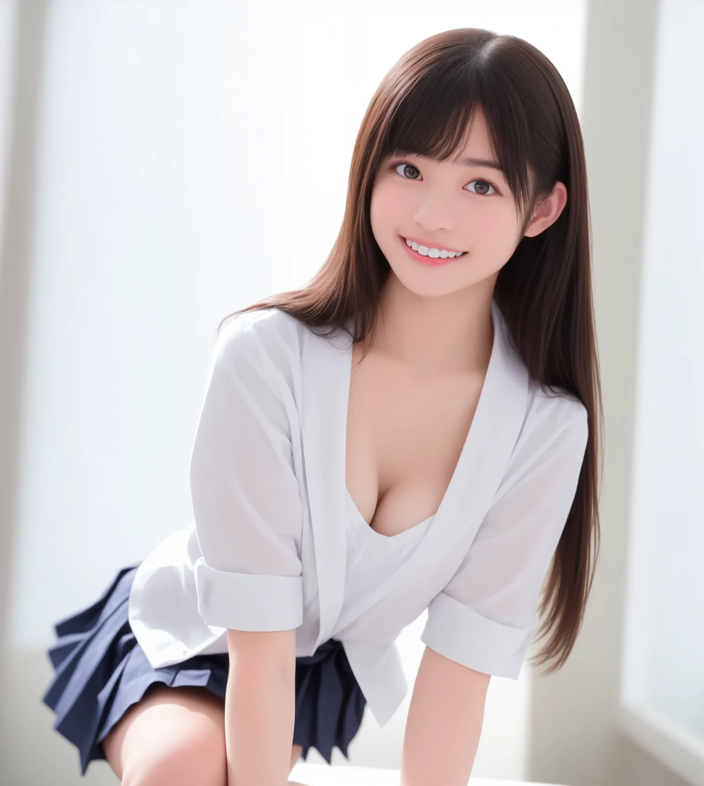 masterpiece、超High resolution、She is so cute and young like an idol.々A beautiful 18-year-old Japanese girl、Gentle and cute、A kind smile Her job is a maid She is wearing a Japanese maid outfit、Large Bust Maid outfit that clearly shows cleavage I'm showing my whole body、RAW Photos、Genuine、High resolution、Life、No copyright notice
