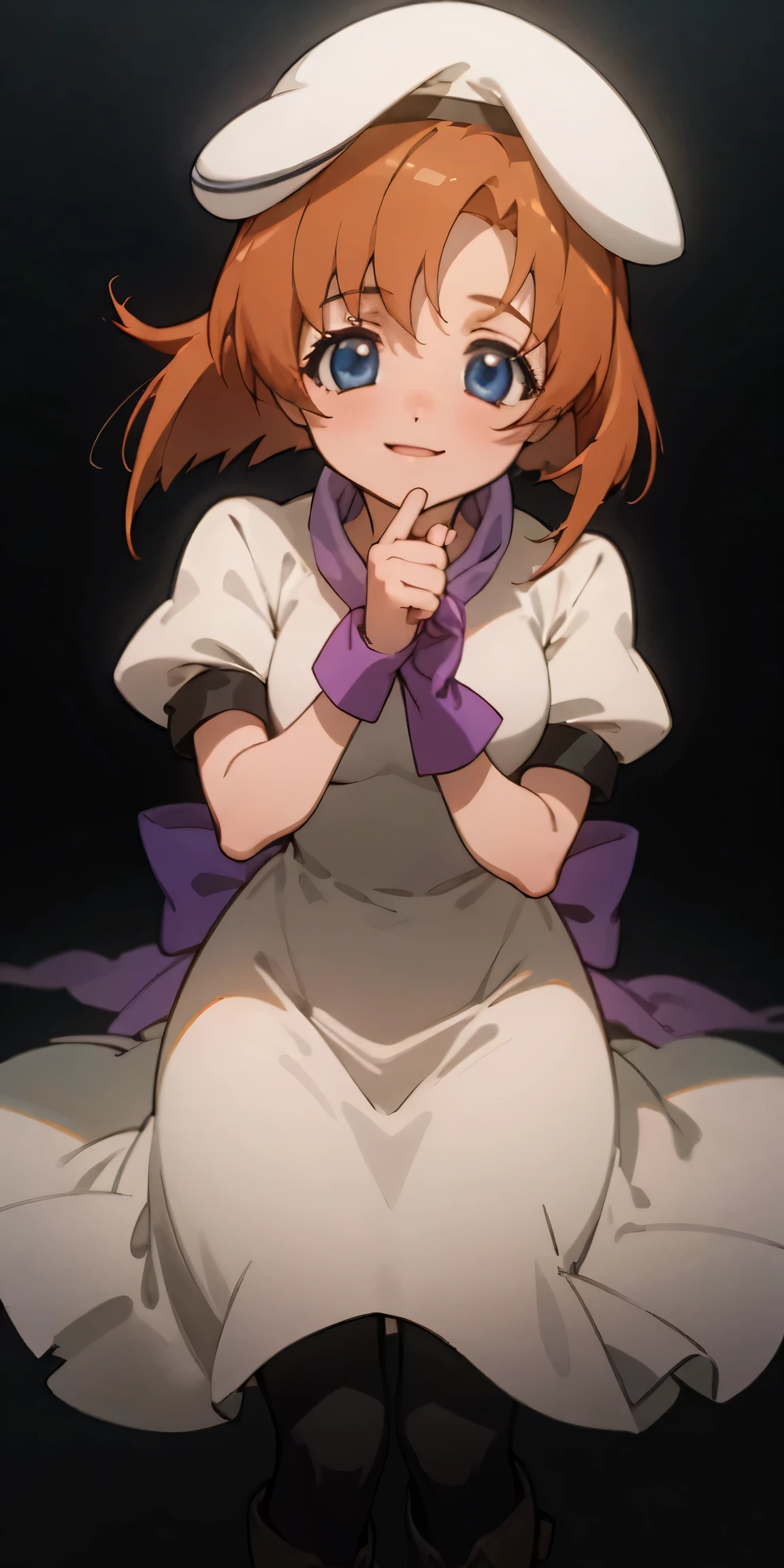 One Girl,Beautiful View Masterpiece、top quality),short hair,orange hair,blue wristband,purple ribbon,black tights,boots,short sleeve,Happiness,warm lighting,bright color,white dress、white beret,Blue Eyes,