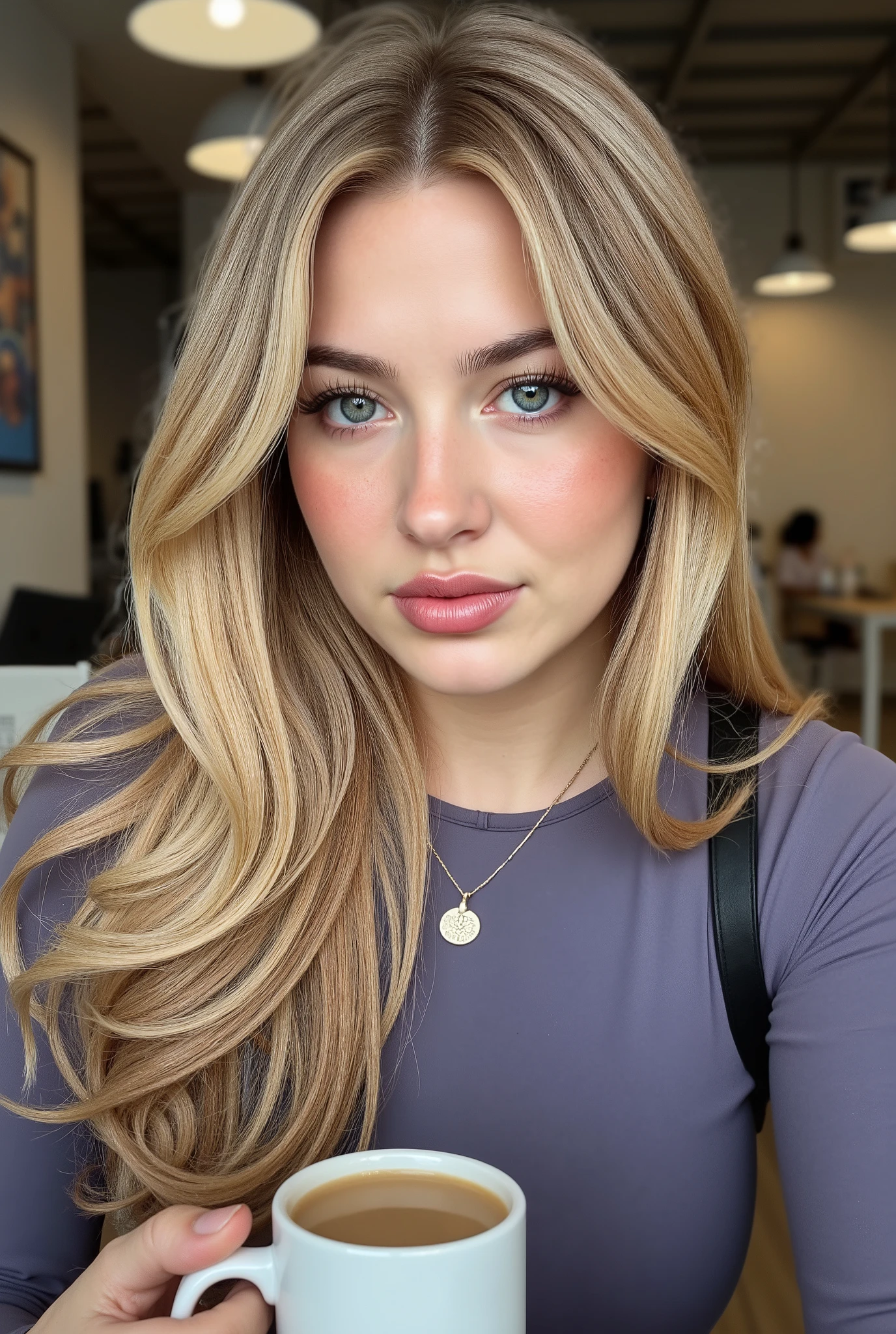 female, 22 years old, ((large plump lips)), (((blue eyes1,5))), ((large breasts)), blonde, ((Scandinavian appearance))25-year-old working on tablet at coworking space, sipping coffee, business-casual look ((shared office)) 4K, shot on canon,85mm, Kodak vision color, parfaitement ajuste, extreme detail, la photographie_\(ultra\) photorealistic, realistic, Post-traitement, maximum detail, roughness, real life, ultra realistic, photorealistic, la photographie, 8K UHD, la photographie, tetas grandes((ultra detail clothes)) (CW-100)