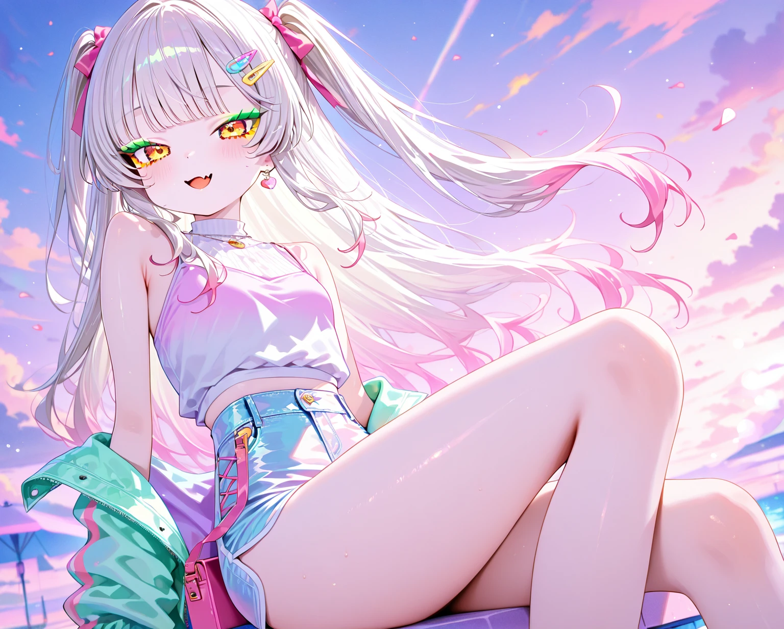 White hair. Long hair. Inner pink hair. Anime girl. Pink eyes. Glowing eyes. Nekomimi. Smile. Tanktop. Mountain.