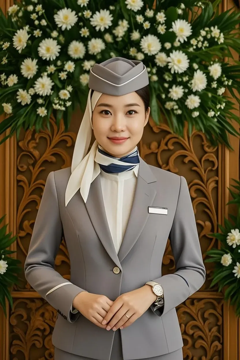 RAW, Best quality, high resolution, masterpiece: 1.3), beautiful Malay woman in hijab (iu:0.8),1woman, 、very detailed face、Detailed lips、Detailed eyes(、Smiling while walking slowly down the aisle)、( Long flight attendant uniform: 1,2)(long skirt),(Glamorous body)、(Big breasts)、thighs, Perfect fit, Perfect image realism, Background with: (Business Class aisle on the plane: 1.2), Cowboy Shot, Deep background - in , detailed costumes, perfect lighting, hyper-realism, (photorealistic: 1.4), maximum resolution 8K, (masterpiece), highly detailed, professional