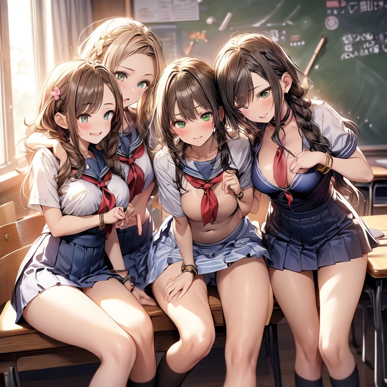 (((masterpiece, Highest quality, High resolution, 超High resolution, Perfect Pixel, Depth of written boundary, 4K, RTTX 10.0))), Beautiful Anime Women, Beautiful art style, Anime characters, ((Smooth texture, Realistic texture, Anime CG Style)), Exact finger count、Exact number of legs、(Exact number of arms:1.0, Exact number of hands:1.0), (Perfect hands, Perfect Anatomy), Cinematic, Realistic, Extremely detailed CG, Daytime lighting, Perfect lighting, Best Shadow, The best natural light, Perfect body, バランのとれたPerfect body, Perfectly balanced style, (Slender body:1.2), Small face, ((bangs, Stylish hairstyle)), ((Four cute adult women are having fun talking in a classroom:1.8)), ((Sexy and cute white underwear, Sexy and cute light blue underwear, Sexy and cute pink underwear:1.3), (Stylish shiny satin panties, Side-tie panties, Panties with a plain center and lace decoration on the sides:1.3), (Thin panties with ribbon:1.3), (Micro Satin Bra, Lace-trimmed bra, Thin bra with ribbon:1.3), (garter belt, Garter Strings, Knee socks:1.3):1.3), (Beautiful big boobs:1.1), (Embarrassed expression:1.3), blush, (School classroom:1.5), naked, In underwear, in underwear, Angle from the front, chizuru, sumi, Hand, mami, (All four are the same height, Accurate and perfect perspective)