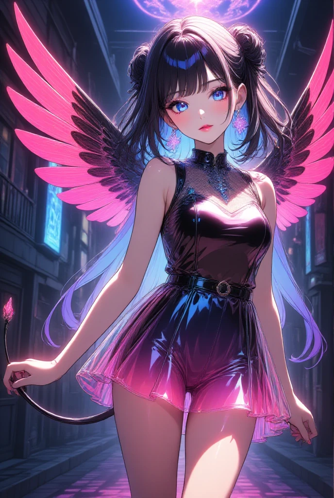 anime 4D Chun LI + Sakura girl sexy angels bright white wings big tits spiky mohawk hair dress V-cuts walking on a gloomy dark street in neon pink high heels scared style photo realism, fully detailed drawing in black and black and only the big green eyes