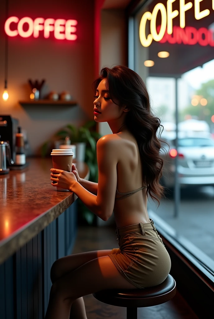 generate a master photograph describing a shapely Woman, a cozy scene inside a warmly lit café, (8K, best quality), she has a physique like Zendaya and Lin Chi-ling, smile, brown hair, black hair, asian skin (big chest, small tiny waist, big breasts), sitting by the window, holding a steaming cup of coffee and gazing out at the city street. Soft, warm lighting enhances the comfortable, inviting atmosphere, (She has sexy buttocks, Most sexy booty, Most sexy glutes), Womanly, Womancore, (She has fit hips, sexy hips, sexy fit hips, extremely sexy hips), (asian skin, glistening skin, beautiful complexion), shot on Fujifilm superia, (Studio soft light, high detail, cinematic lighting, rim lighting), Style: (hyperrealistic, by DynastySeries FashionNova, photo, {{{masterpiece photography}}}, analog photograph, professional fashion photoshoot, trending on artstation, synthwave, krrrsty), Quality: (photographed, masterpiece, highest resolution), Definition: (highres, sharp focus, 8k uhd, ultra photo-realistic resolution), Film: (80 mm, shot on portra 120, shot on Fujifilm), Resolution: (extremely detailed, (sharp focus:1.5), cinematic lighting, dramatic lighting, ultra photo-realistic), luxury: