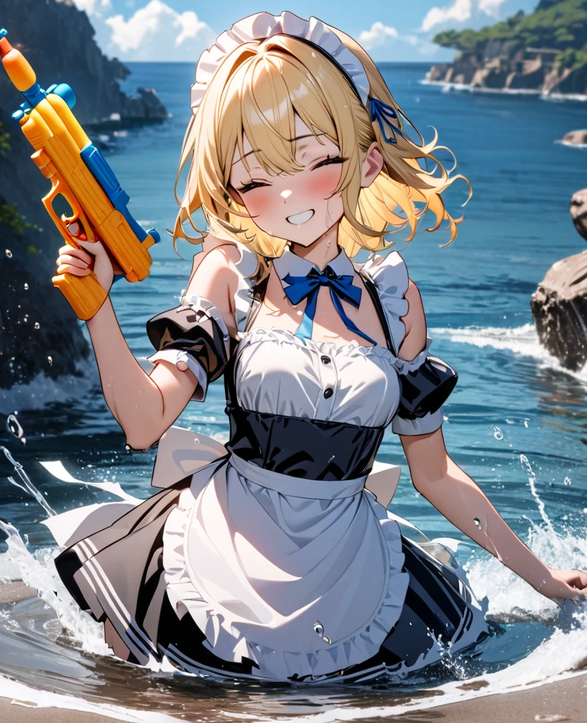 (8k, super high quality, masterpiece), (detailed), One Woman, Small breasts, blonde, cute, A little longer, Blue ribbon, Apron dress, black and white maid outfit, Fantasy, Beautiful background, Ocean, heavy rain, typhoon, soaked, splash, Water droplets all over the body, Submersion, Water Play, Water splashing, Water gun, Date, Childlike, The best smile, Mouth is open, Embarrassing,