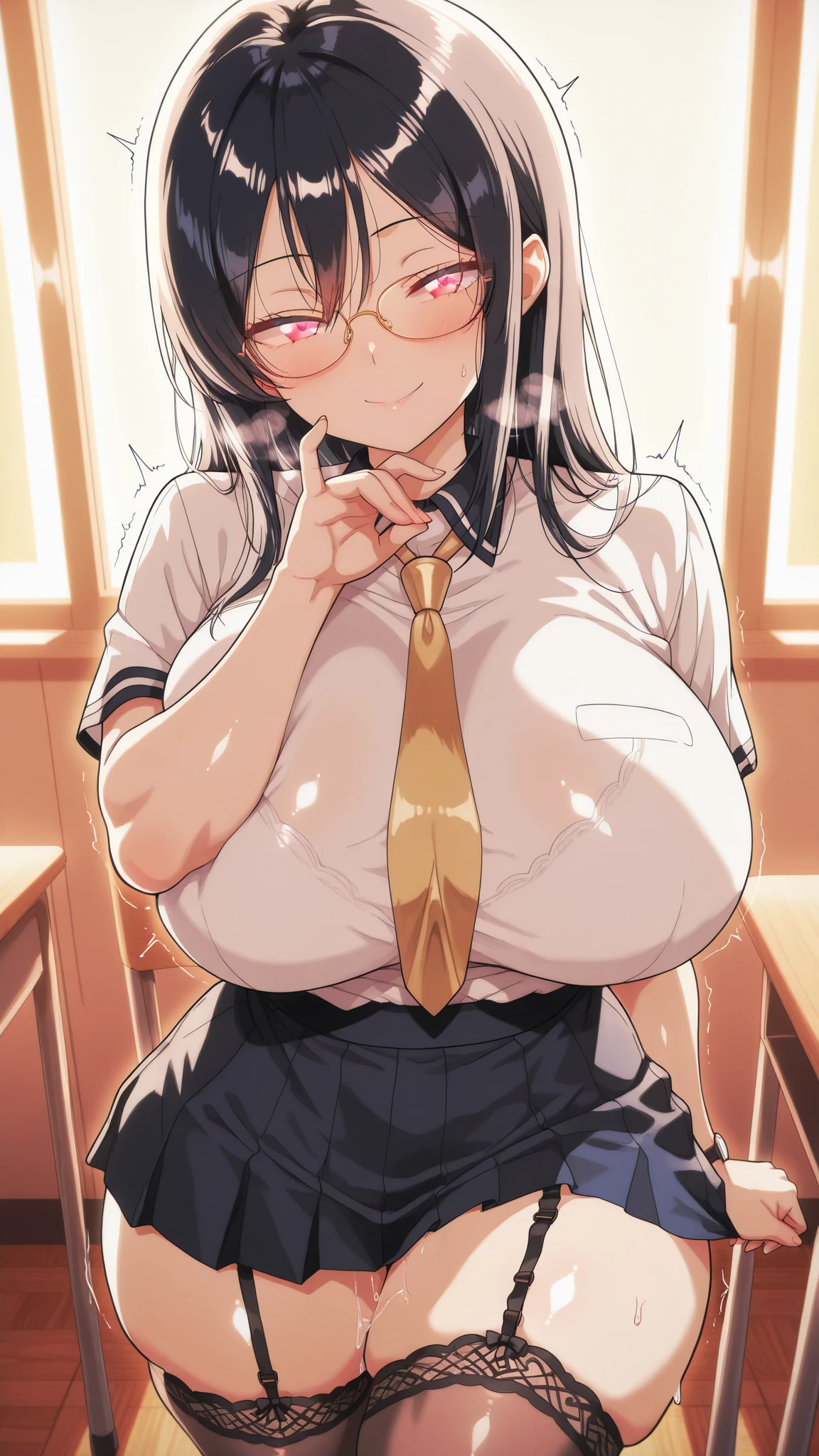 masterpiece,ultra detailed,ecchi anime,35 years old,(mature modest woman:1.2),(creampie,bukkake ,excessive cum),glasses,armpit hair,hairy pussy,(white dress shirt,checked skirt),at modern bedroom,(adult body),black hair,long tied hair,(tareme),mature curvy woman,trembling,(sweaty),saliva,(vaginal penis,having sex,cowgirl position),raising knees,look at viewer, insane eyes,shouting speech bubble, orgasm,from below,(peace sign),from below