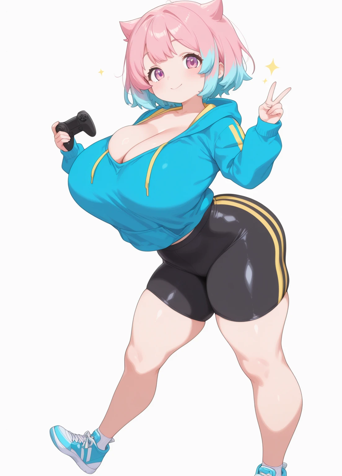 (Perfect body 1.5)，（Huge breasts 1.5），（Huge breasts: 1.5），（see through lingerie），Breasts larger than the torso，plump swollen breasts，Ill-fitting clothes，mixed-raced skin，(best qualtiy），ultra - detailed，Ultra photo realism，Octane renderer，HighDynamicRange，(hdr)，32K resolution，Super resolution，megapixel，The Tyndall effect，lens flare glow，sharp shadowing，Contre-Jour, depth of fields, cinematic natural lighting , in front of the viewer, filmgrain, Mirror light hologram，Ray tracing，Semi-reflective illumination，Natural lighting，fiber-optics，gentle illumination，volumetric light，globalillumination，Scattering，glowing light，Twinkle，glaring lights，IG model，（best qualtiy），ultra - detailed，(hdr)，Super resolution，megapixel，natural lighting, hardfocus, (Blush 1.5），（Extremely lustful expression1.5），（Detailed facial features1.5），[appearance: (walking away from viewer), (Big breasts), (huge nipples), (chubby butt), (plush butt), (medium large breasts), (purple ponytail), (fair brown skin), (crop top), (purple sports shorts), (plush belly), (thicc thighs), (big legs), (wearing a black bandana)]