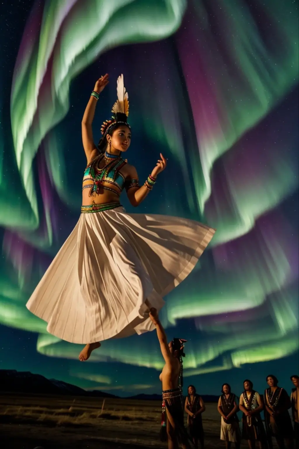 A beautiful and elegant goddess dancing while causing the northern lights while a tribe of indigenous people look at her in amazement and hope