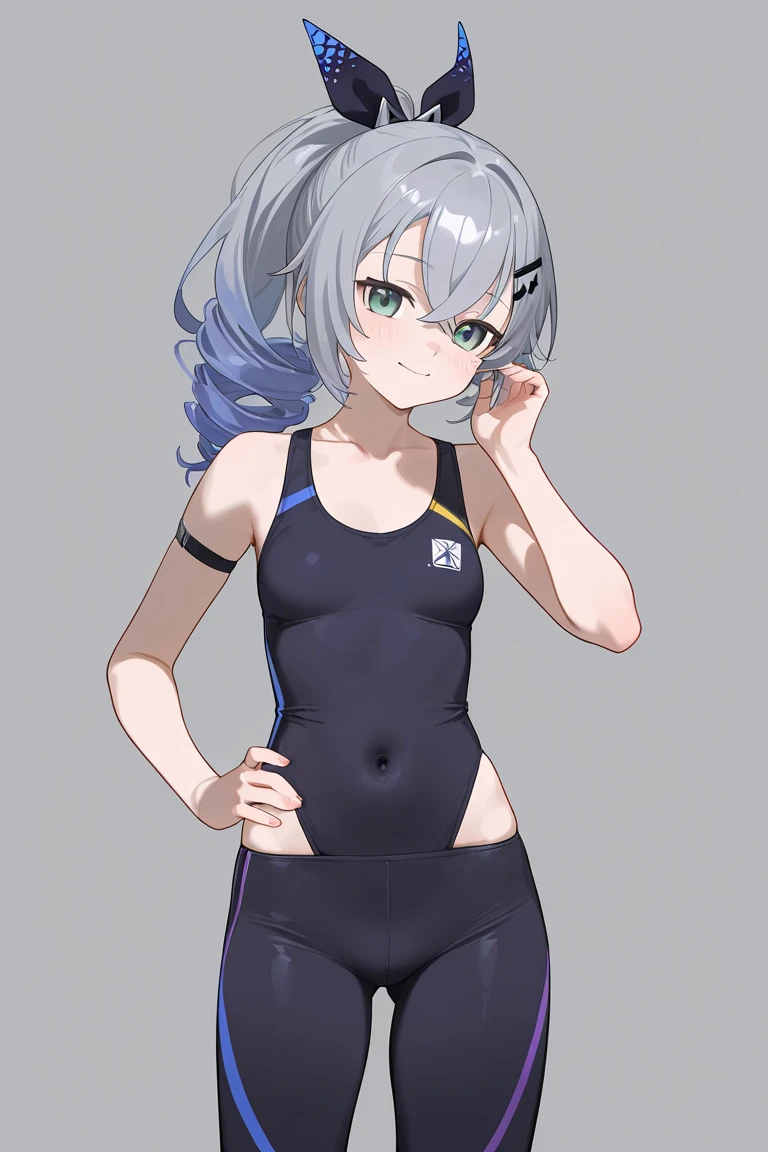 (muste piece), (best quality), (score_9, score_8_up, score_7_up), very detailed eyes, expressive eyes, perfect face, very detailed face, highly detailed face, beautiful girl, 8K, beautiful girl, white background, delicate and beautiful face and eyes, dark intense shadow,
1 girl, vtuber style, cool girl, hololive, amane kanata, streaked hair, short hair, Sports bra, leggings, Sweat, small chest, one eye close winking, smile, ass visible through thighs, (full body), standing,