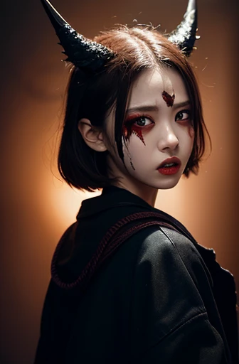 Pale, Creepy cultist, 10 Year old kid, low dim lighting, dark chamber, smirk, blood on her face,