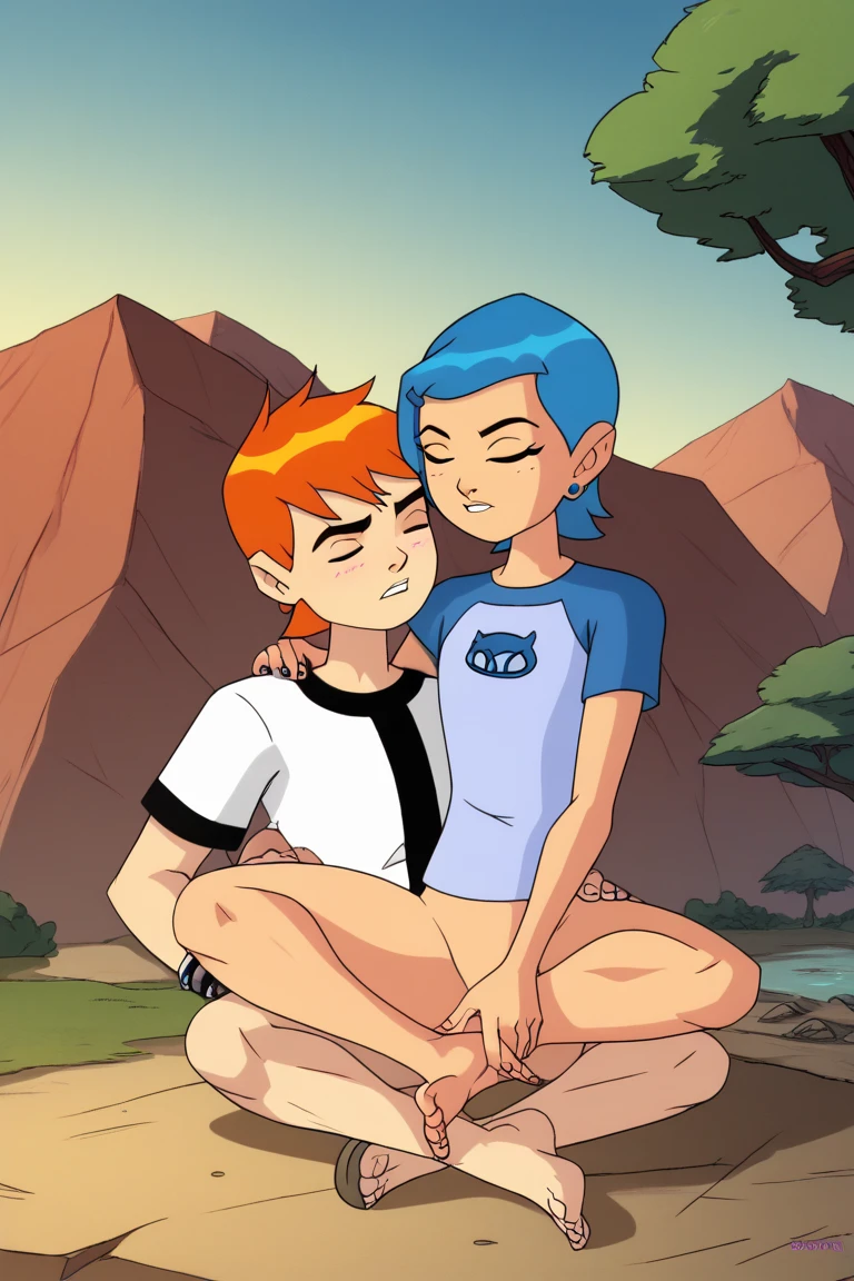 score_9, score_8_up, score_7_up, score_6_up, source_anime, BREAK by ikuchan kaoru, iku, clean color, flat color, 2boys, 1girl, cooperative fellatio, ben 10, gwen Tennyson, ben and gwen, gay, gigantic penis, enormous penis, outdoors, in Forest, brother and sister, siblings, ben (gay, boy, brown hair, male, flat chest, green eyes), gwen (female, girl, , ginger hair)