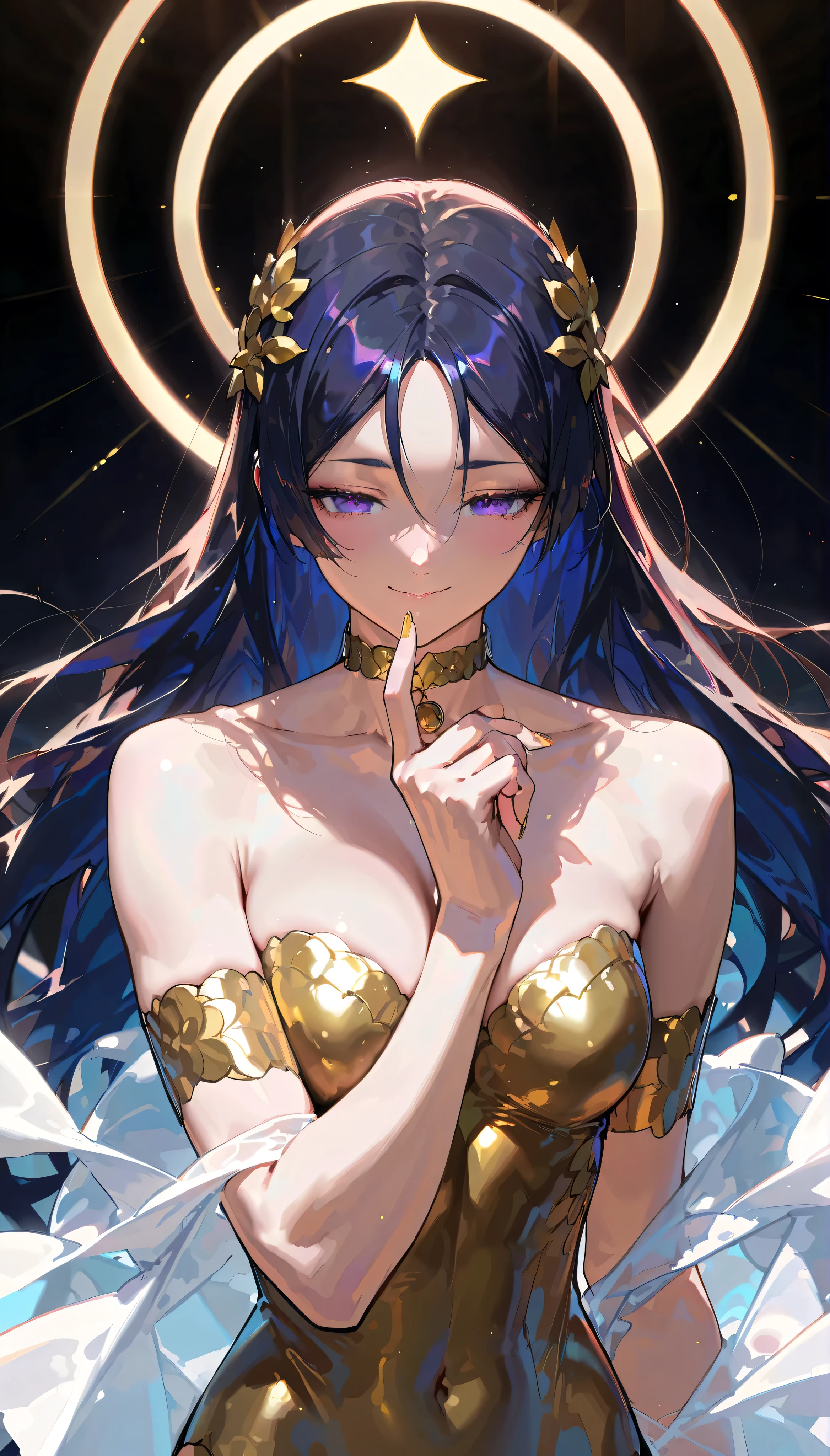 (artist:OKAZU:1.10), (artist:hiten:0.51), artist:WANKE, (artist:ciloranko:0.55), (masterpiece: 1.2), (best_quality: 1.0), (solo: 1.4), (gigantic physique, slim body), (upper body, half body: 1.4), ((Godlikeness, woman like goddess, silhouette woven from fog, woman silhouette, golden mist)), Minamoto no Raikou, (close-up), ((ultra detailed, cinematic, hyper detailed, hyperresolution, official arts, wallpaper 40k, blowing art)), voluminous hair, hair ornament, beautiful finger, beautiful body, beautiful nose, beautiful character design, perfect eyes detail, perfect face, colorful, bright_front_face_lighting, (bright_color: 1.2), (beautiful, medium breasts size: 1.2), (beautiful, medium ass: 1.2), (Beautiful physique: 1.4), (beautiful_face: 1.5), seductive, long legs, (muscular woman, extra muscular), (beautiful skin, embarrassed smile, mouth close, hand up)), collarbone, (gold nails, fingernails, make up, translucent bodypaint, gold bodypaint), cowboy shot, messy hair), (choker, choker on her neck, gold choker, gold, (halo over the head, bright halo, white-gold halo, huge halo, sun behind head, light rays), dark background,
