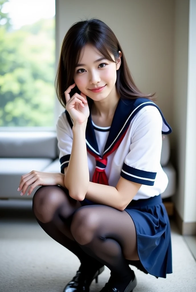 japanese 、sailor suit、(happy expression:1.26)、Raw photo、(((Ultimate beauty full body photo shoot)))、((glowing skin))、1 girl、17 year old beautiful girl from Prague、bright look、((brown haired))、japanese girl 、pleated skirt、View from the floor、(long stockings or pantyhose)、(Panty shot)、legs open、squat、counter point shot、((Super detailed))、(perfectly detailed face)、(fine hands)、(finger details)、(good human structure)、A photorealistic masterpiece、最high quality、Super detailed、film light、intricate details、High resolution、very detailed))、detailed background、8KUHD、Digital single-lens reflex camera、soft light、high quality、film grain、Fujifilm XT3 、shallow depth of field、natural soft light、Kamimei、