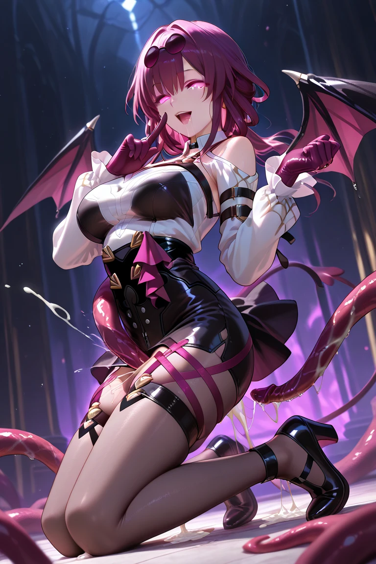 anime styling, a one woman, 20 year, extremely long pink hair, purples eyes, long horns, extremely provocative outfit, flying, demon wings. giggling.